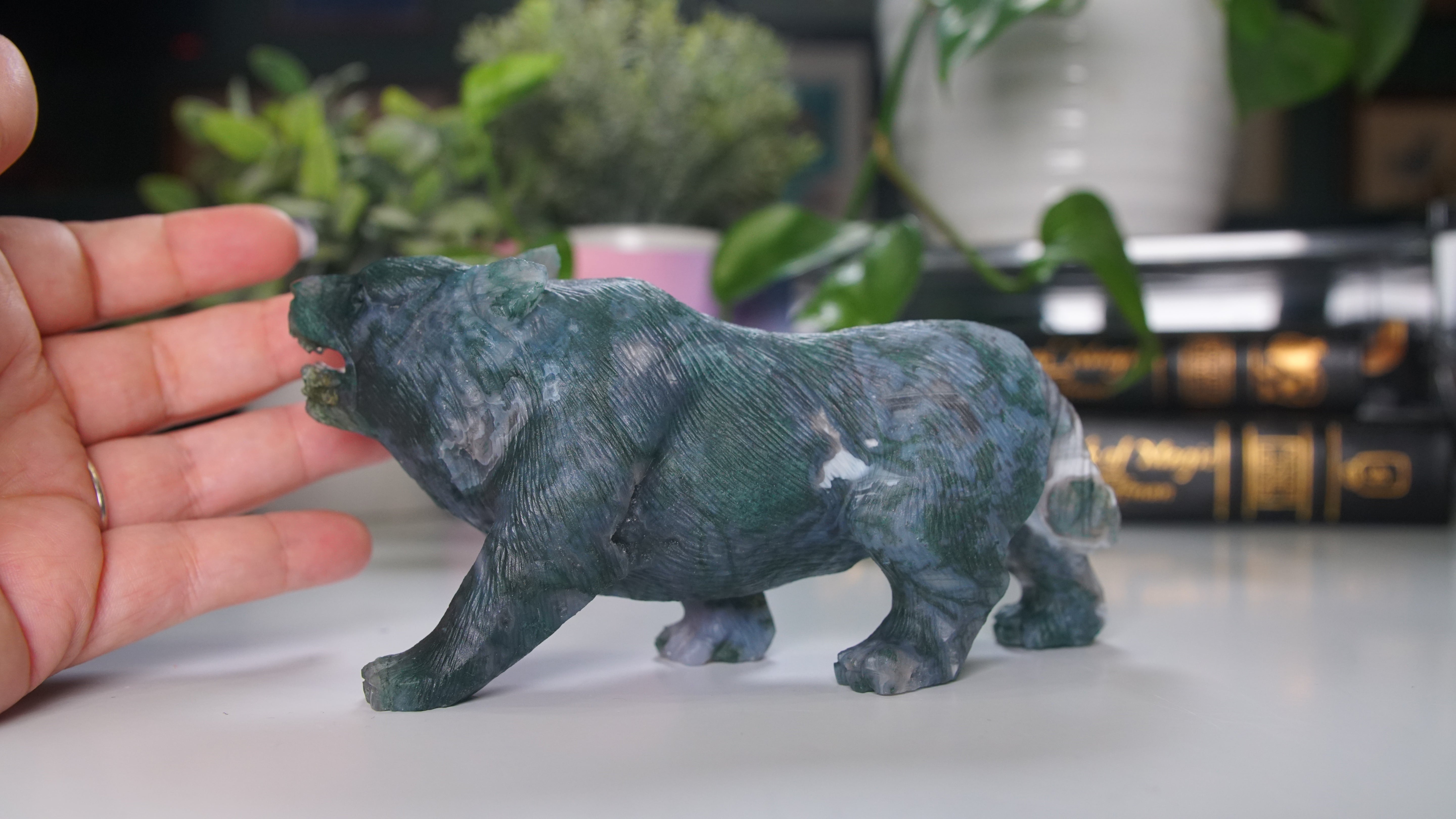 Druzy Moss Agate Boutique Wolf Carving | Crystal Carving Statement Piece | US Seller