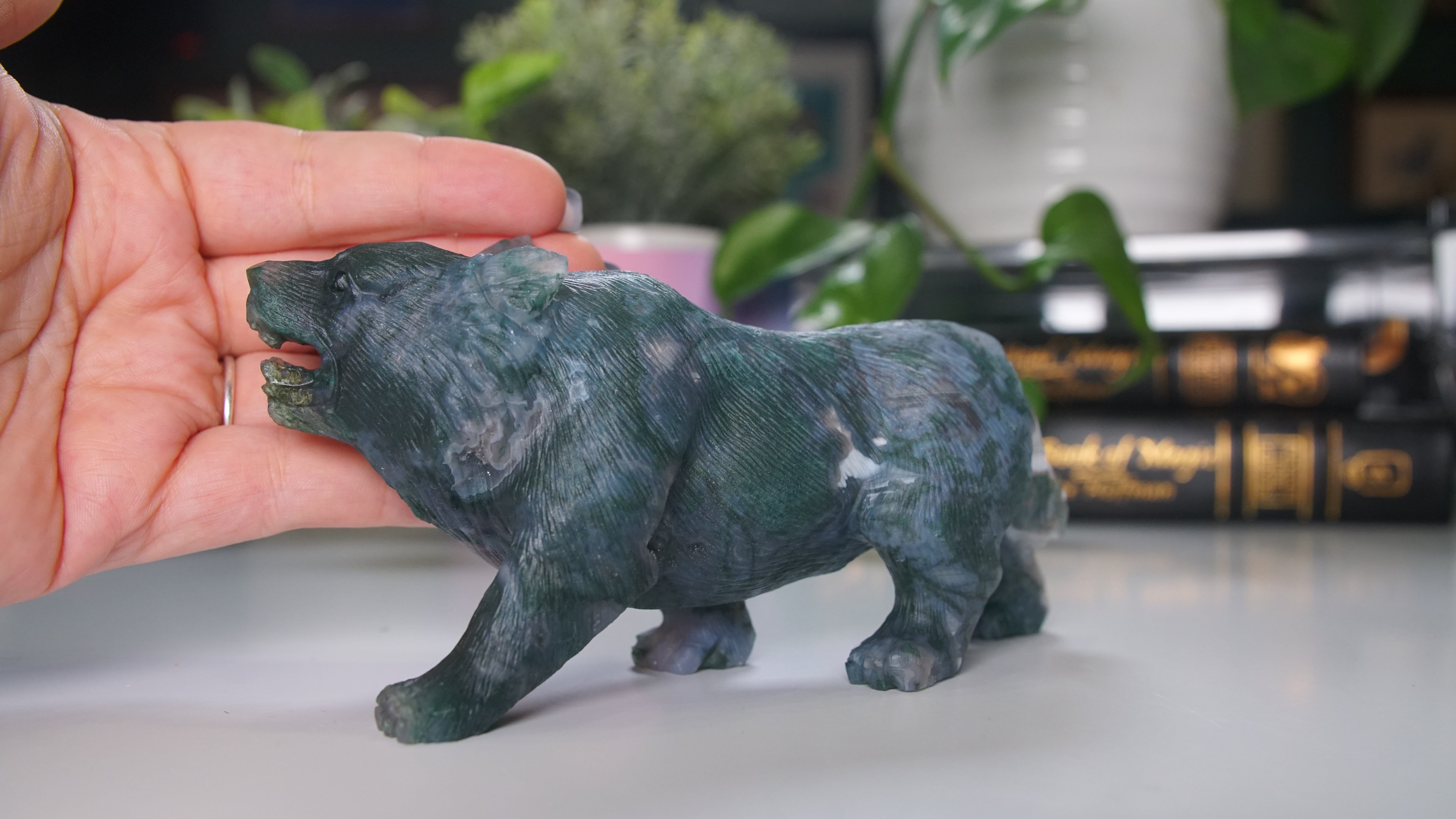 Druzy Moss Agate Boutique Wolf Carving | Crystal Carving Statement Piece | US Seller