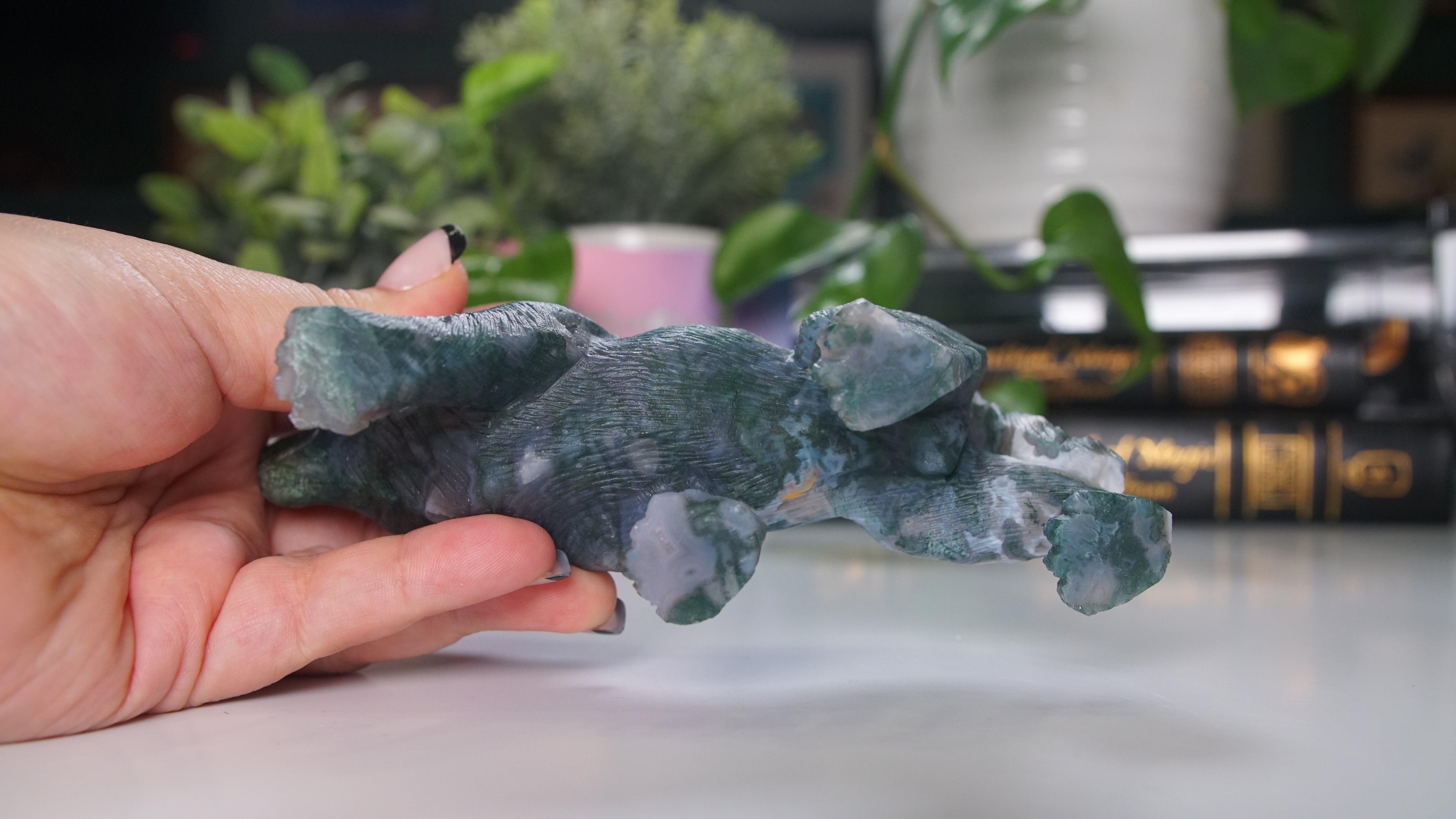 Druzy Moss Agate Boutique Wolf Carving | Crystal Carving Statement Piece | US Seller