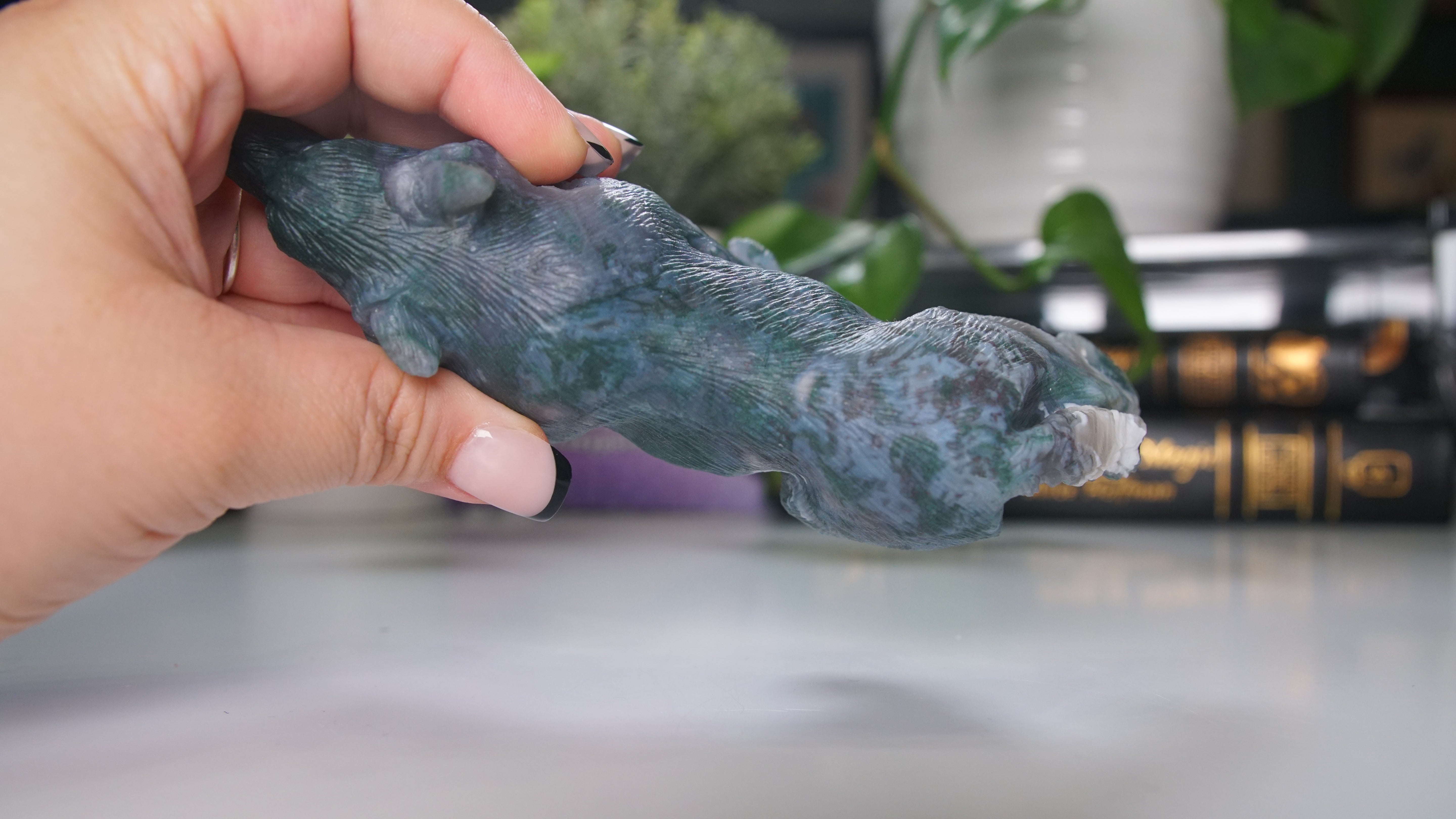 Druzy Moss Agate Boutique Wolf Carving | Crystal Carving Statement Piece | US Seller