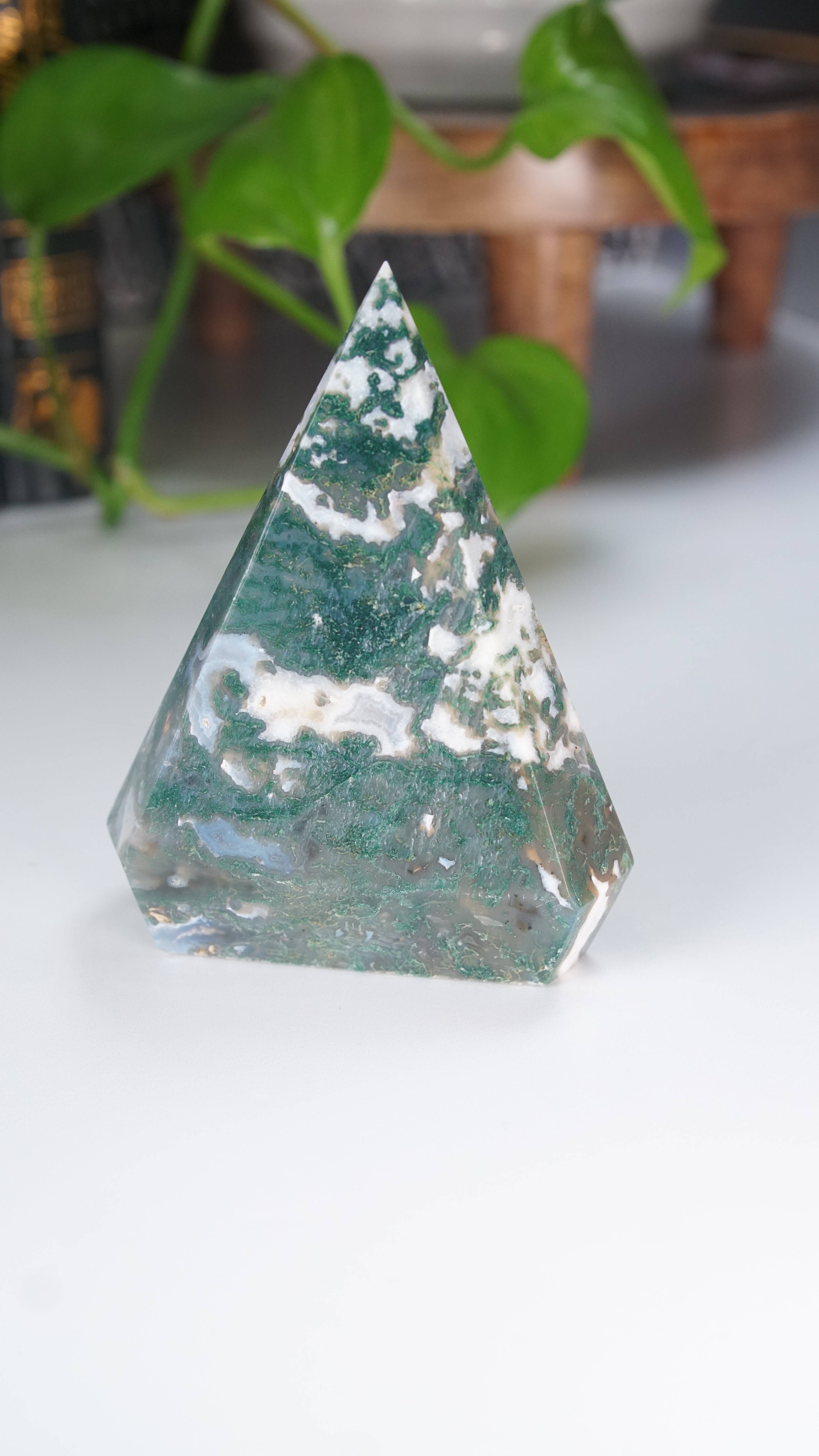 Moss Agate Diamond Flame | Flame Freeform Crystal Carving Statement Piece
