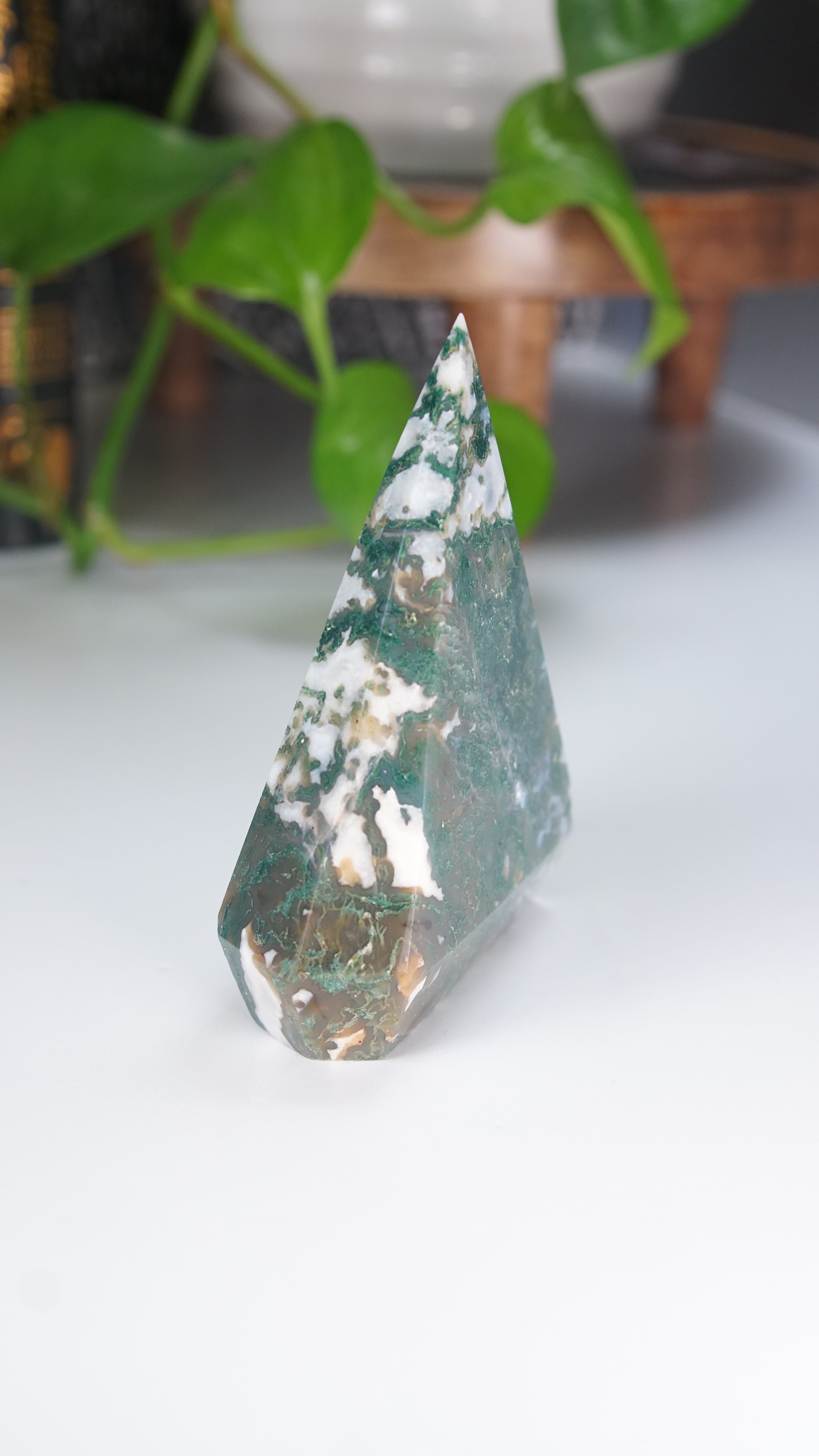 Moss Agate Diamond Flame | Flame Freeform Crystal Carving Statement Piece