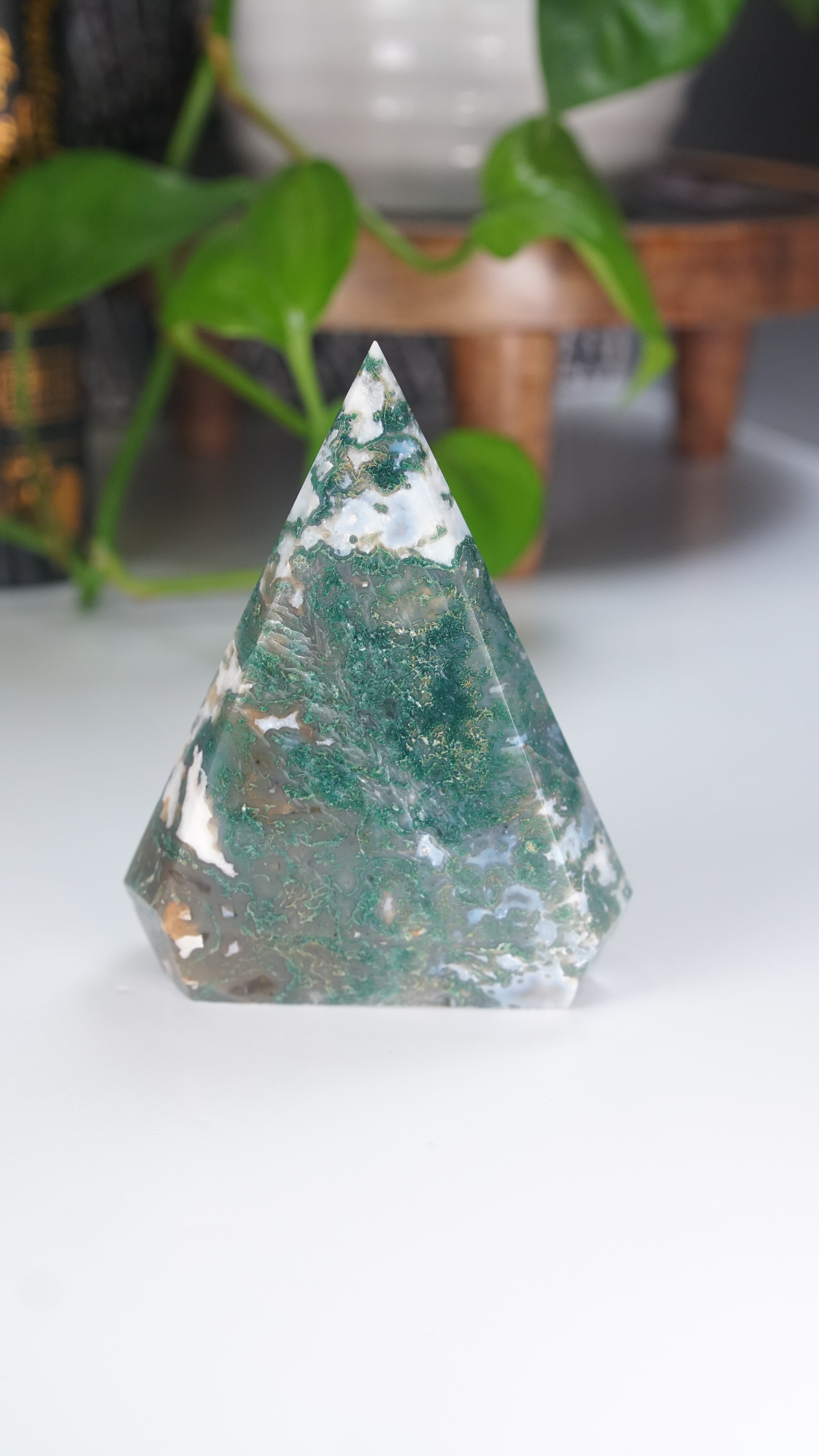 Moss Agate Diamond Flame | Flame Freeform Crystal Carving Statement Piece