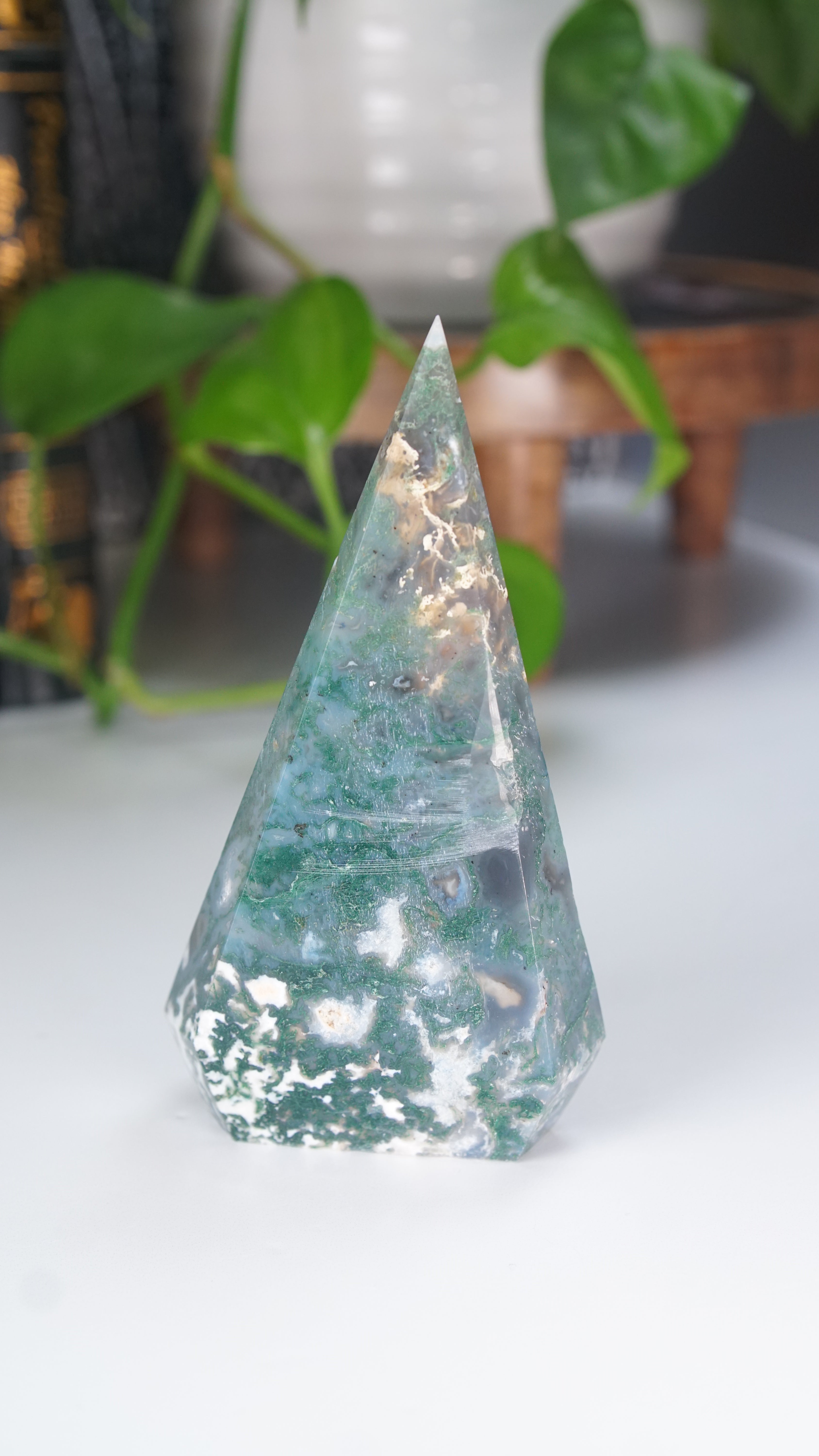 Moss Agate Diamond Flame | Flame Freeform Crystal Carving Statement Piece
