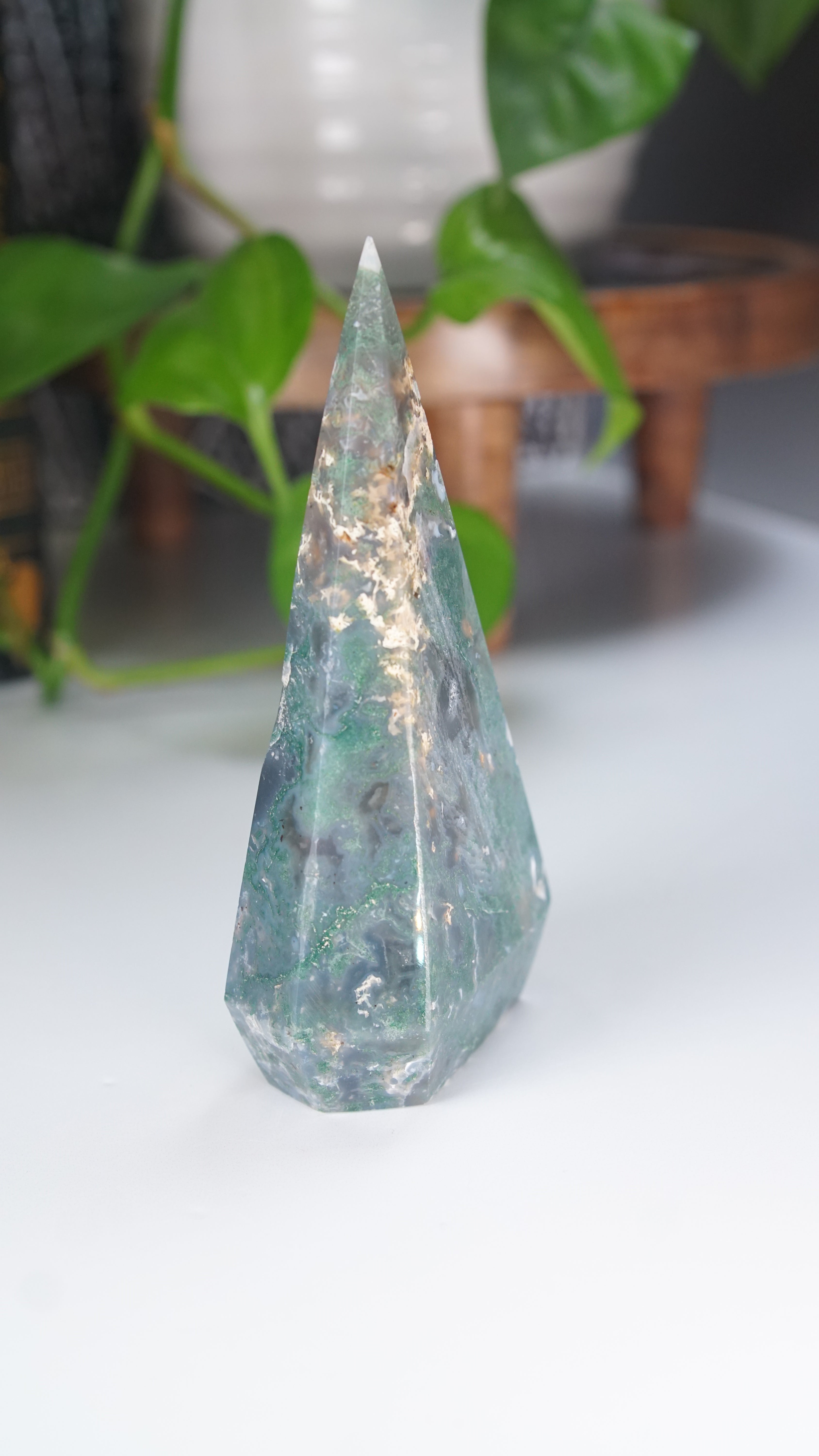 Moss Agate Diamond Flame | Flame Freeform Crystal Carving Statement Piece