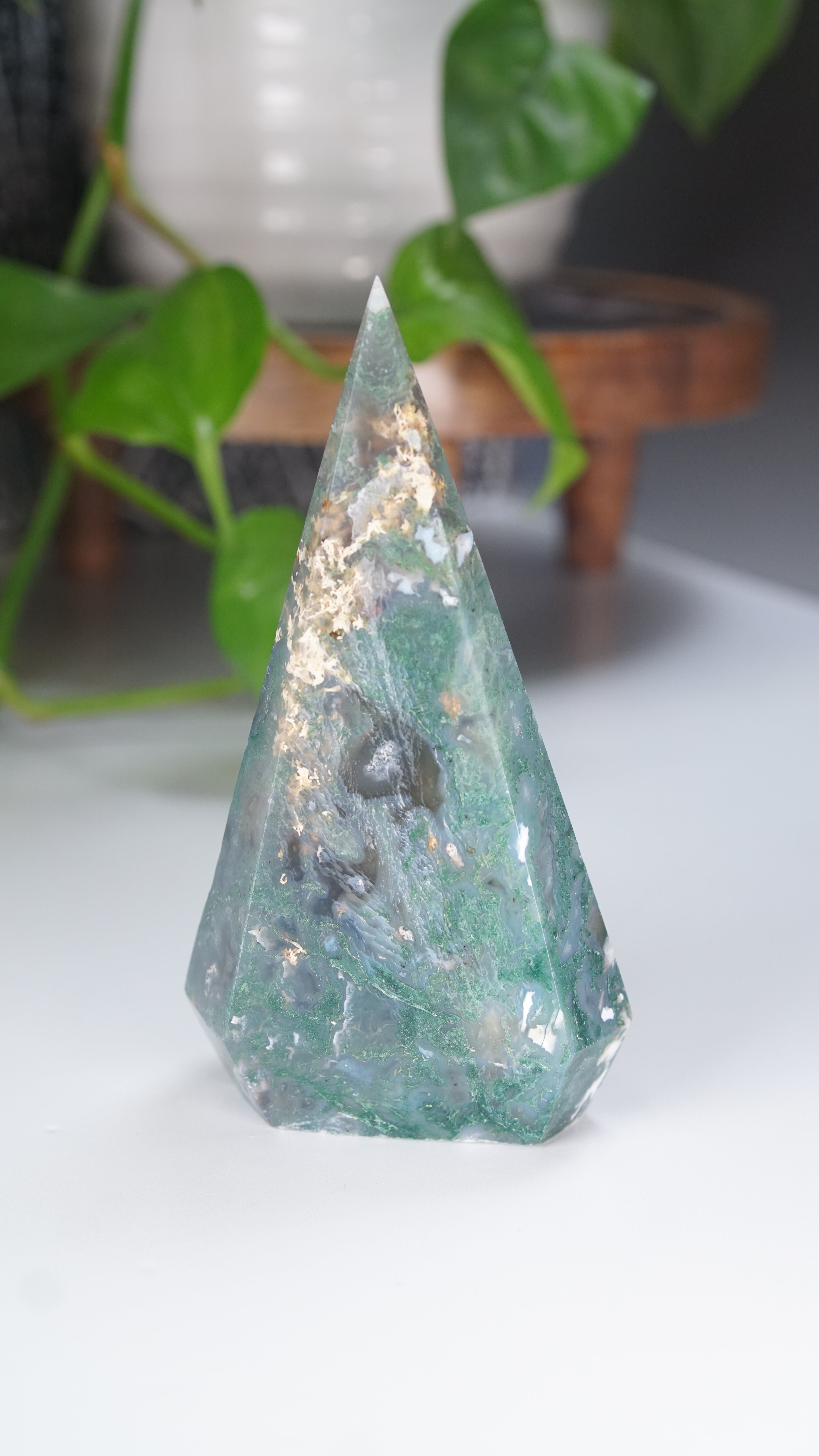 Moss Agate Diamond Flame | Flame Freeform Crystal Carving Statement Piece