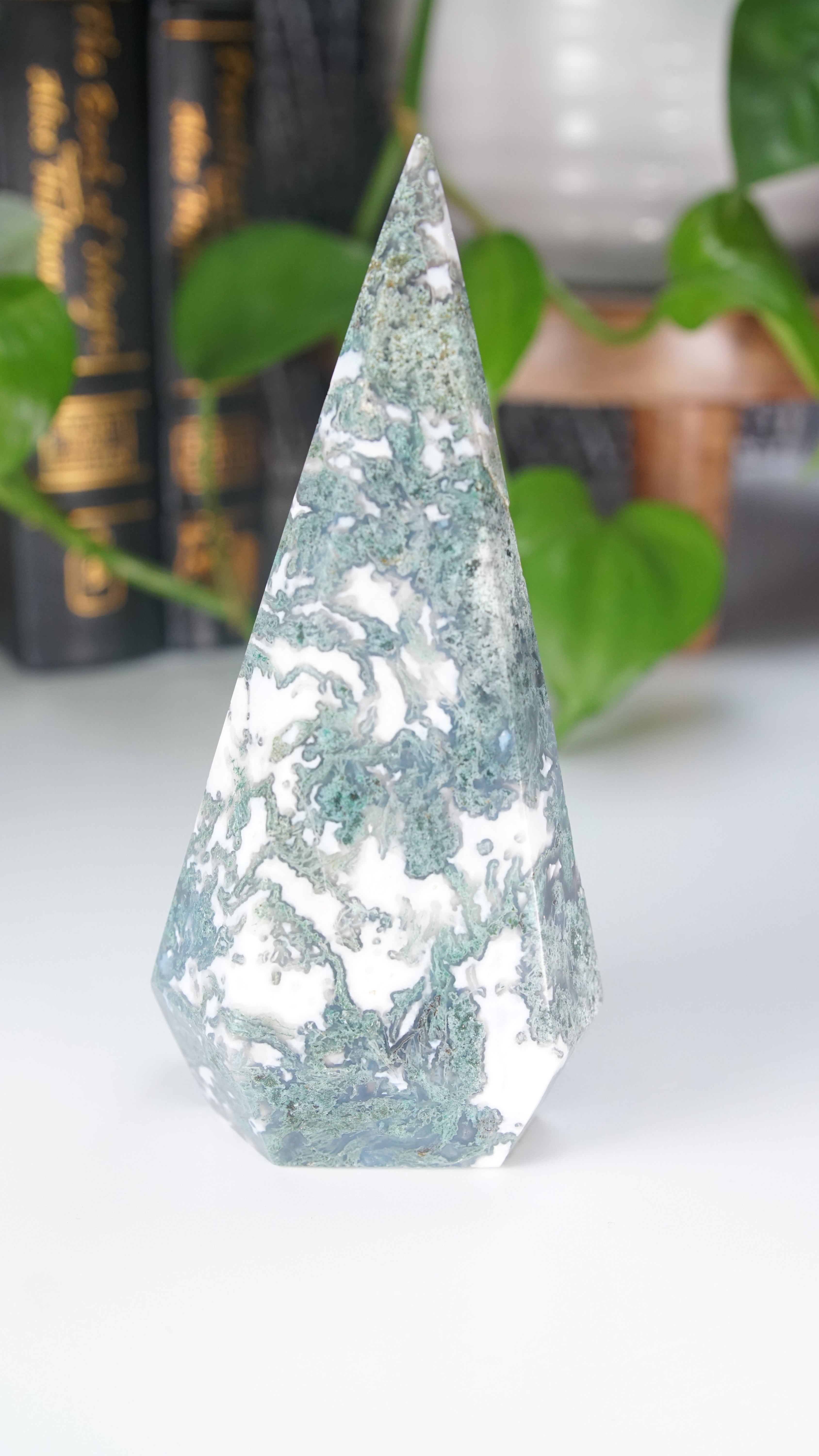 Moss Agate Diamond Flame | Flame Freeform Crystal Carving Statement Piece