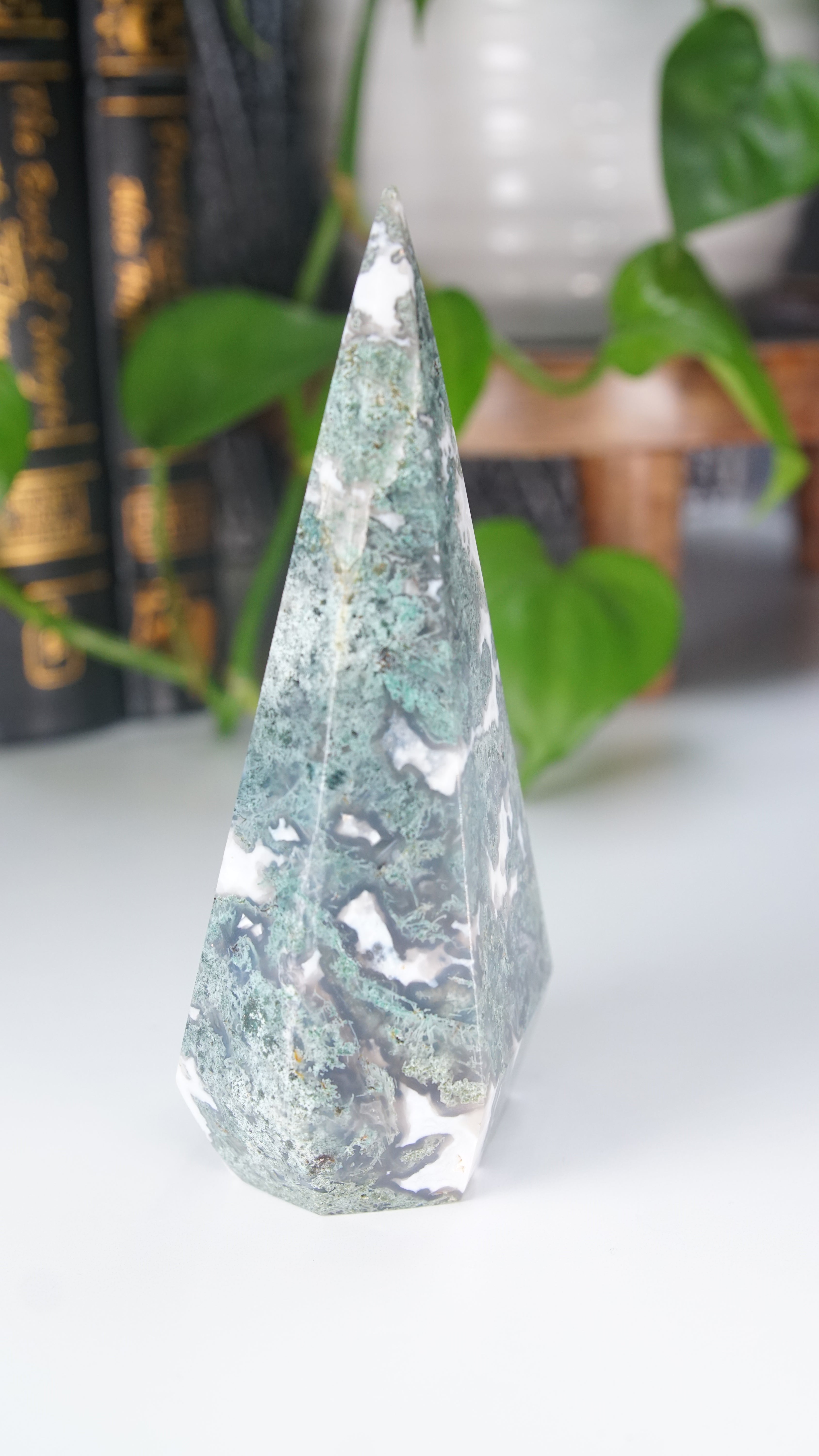 Moss Agate Diamond Flame | Flame Freeform Crystal Carving Statement Piece