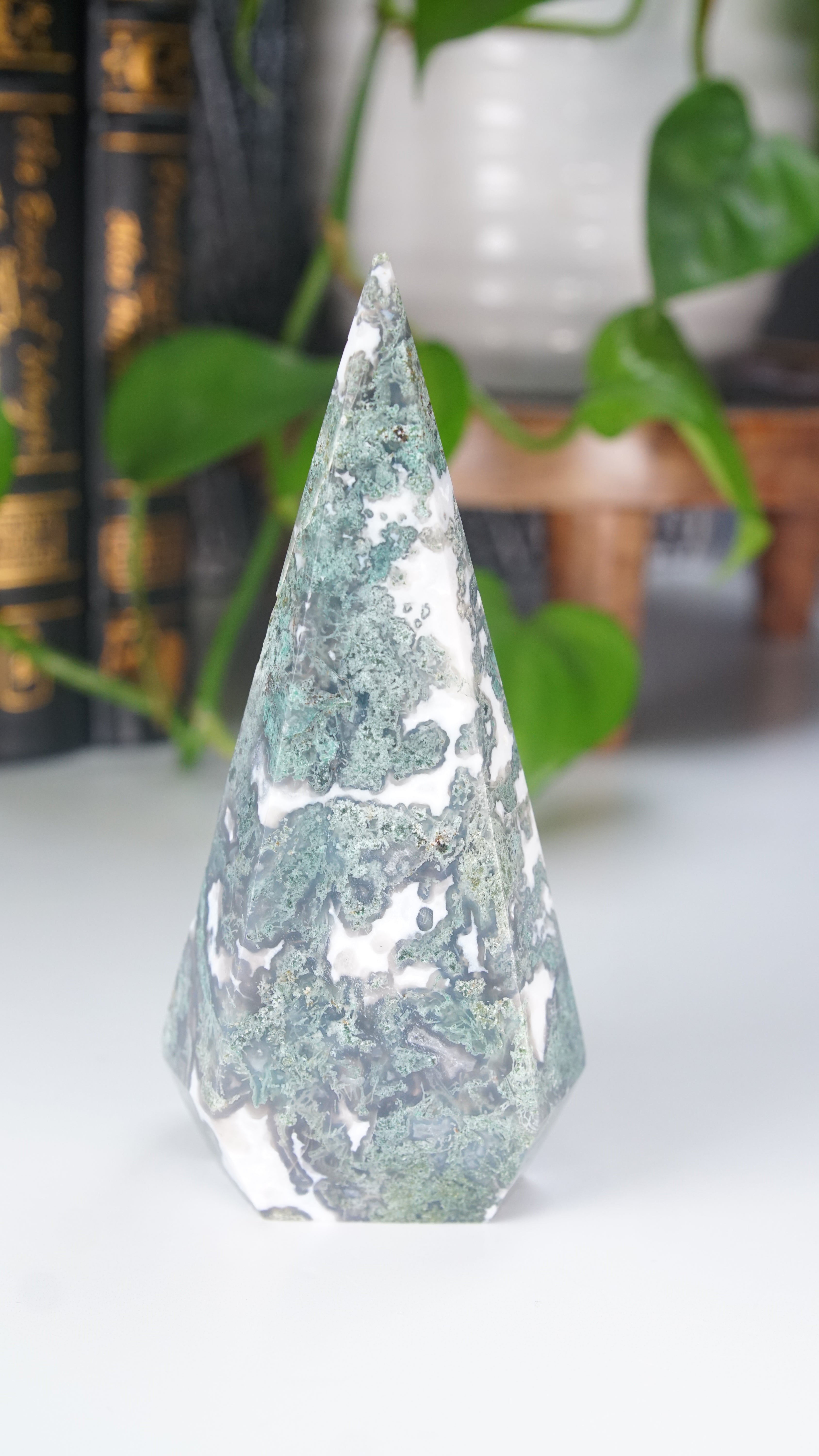 Moss Agate Diamond Flame | Flame Freeform Crystal Carving Statement Piece