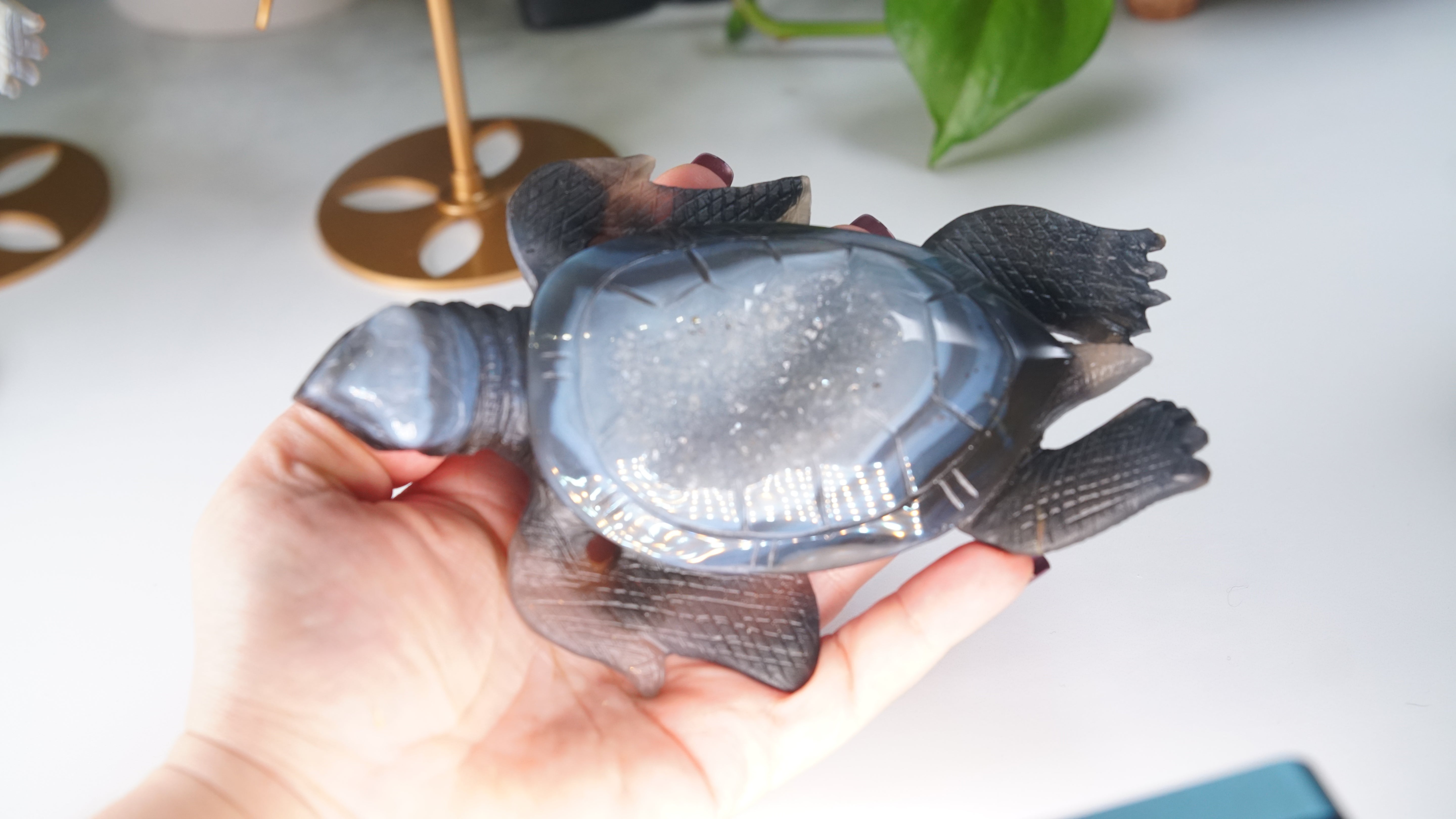 Boutique Carving Druzy Agate Sea Turtle With Stand