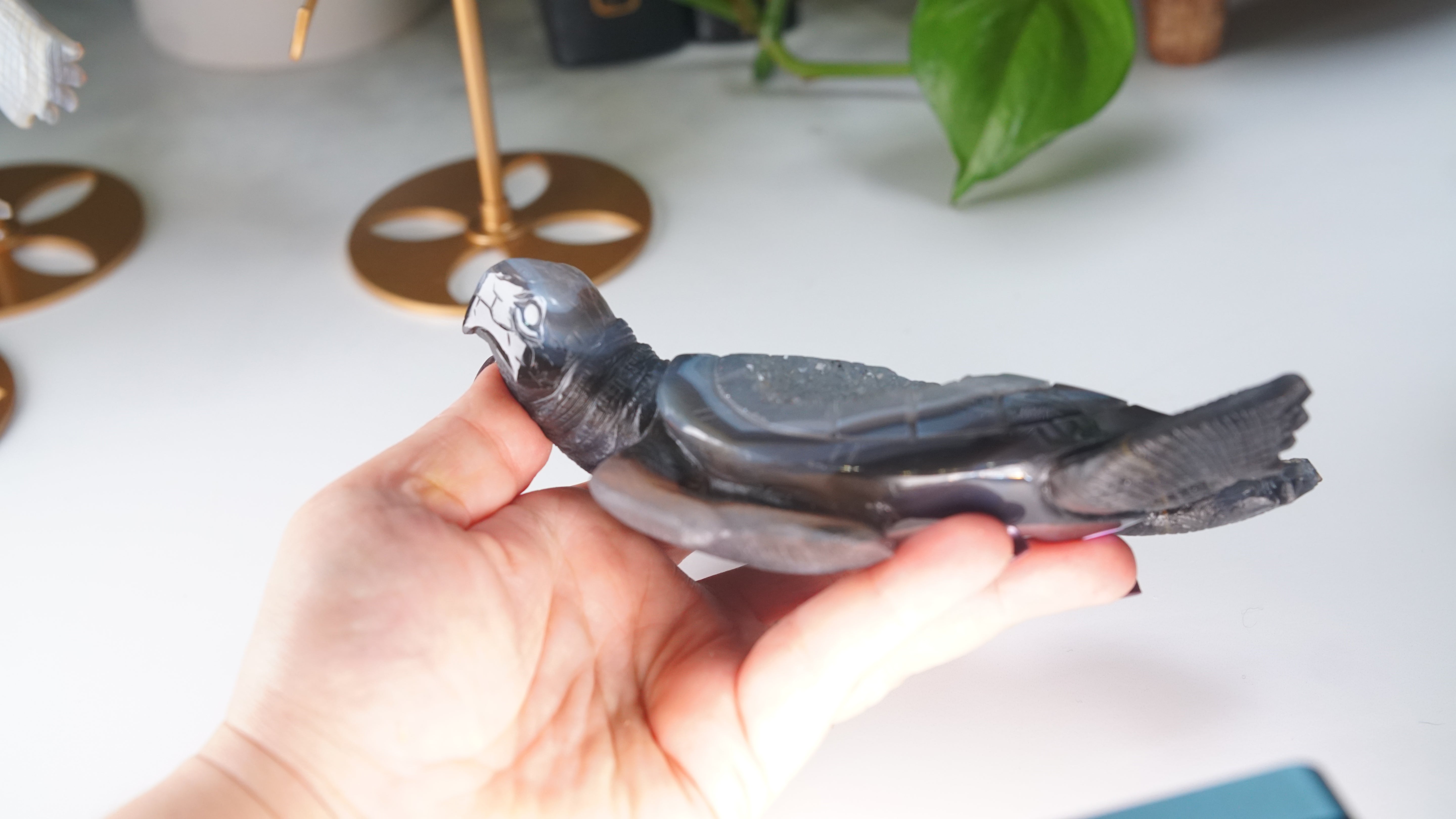 Boutique Carving Druzy Agate Sea Turtle With Stand