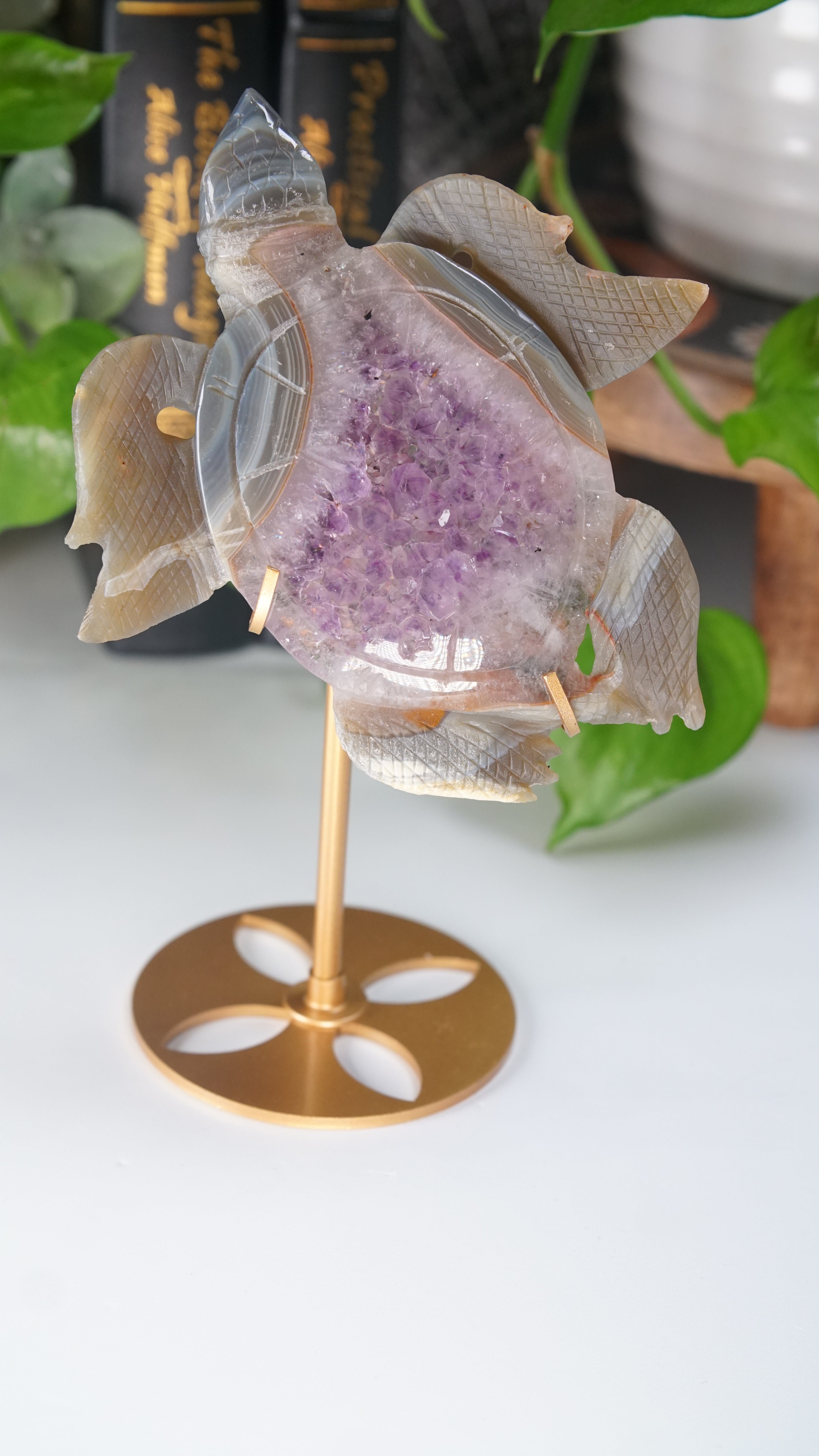 Boutique Carving Amethyst Agate Sea Turtle With Stand