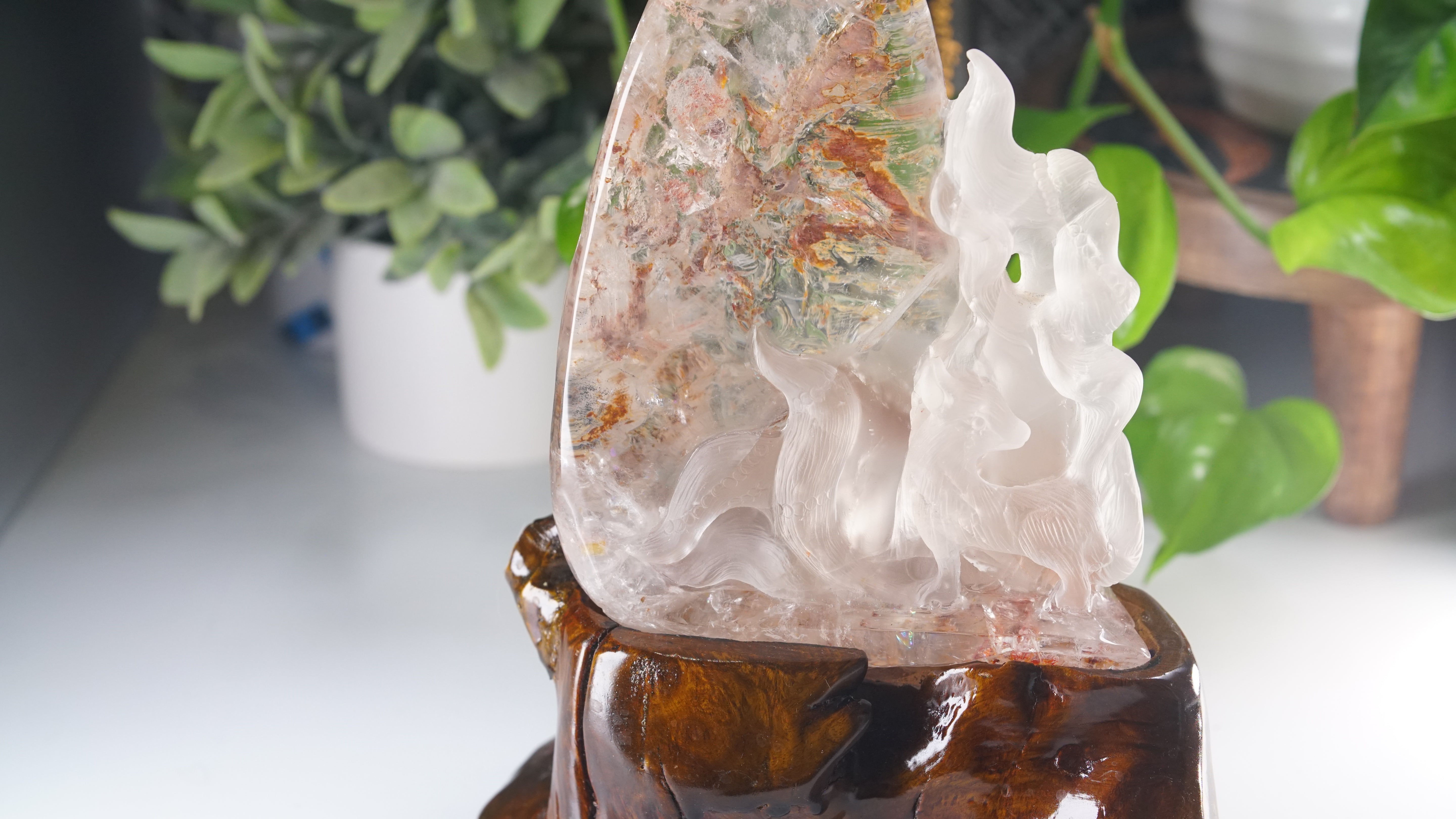 Large Chunky Clear Quartz With Garden Quartz Fox Boutique Carving | High Quality Quartz