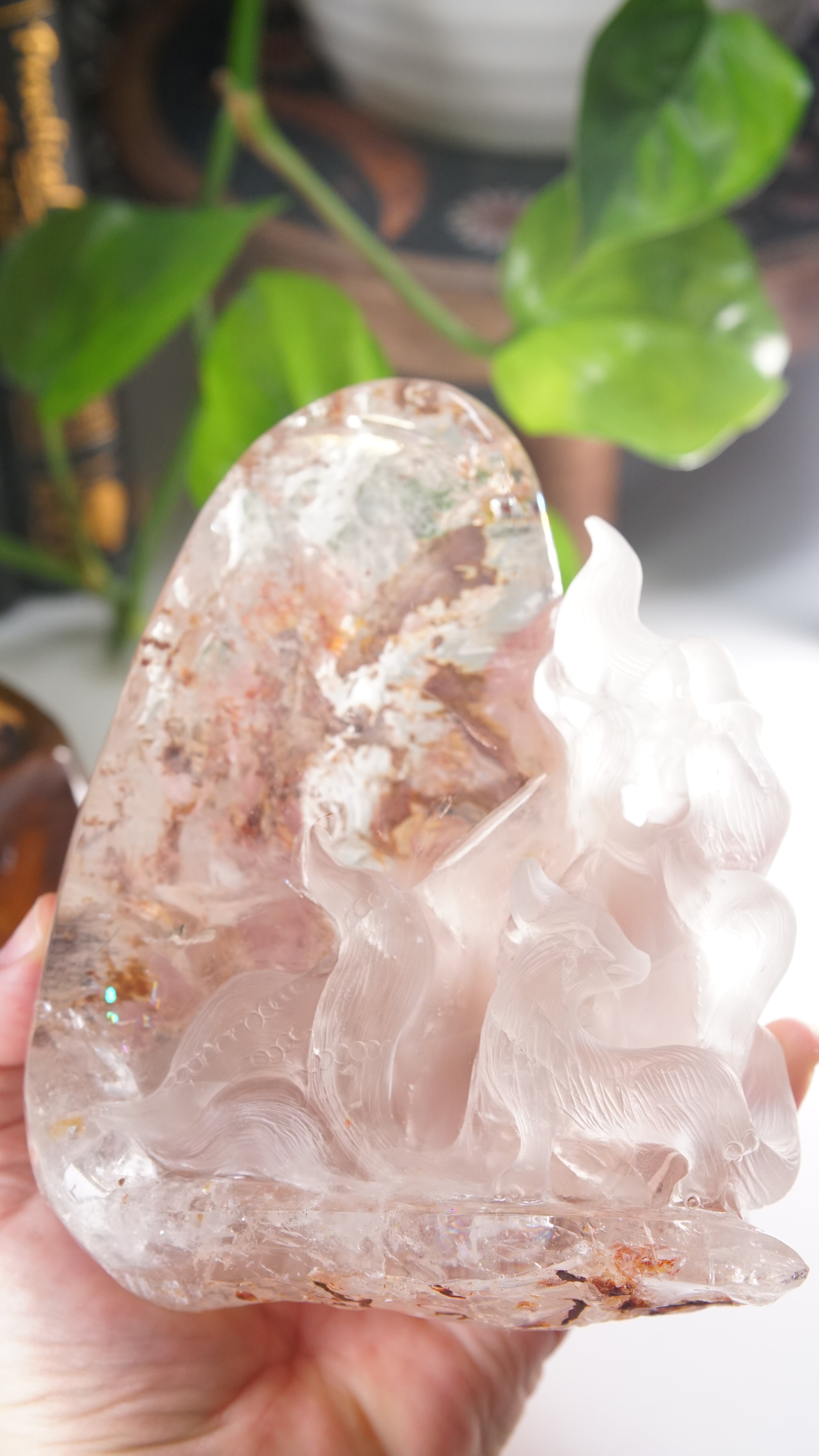 Large Chunky Clear Quartz With Garden Quartz Fox Boutique Carving | High Quality Quartz