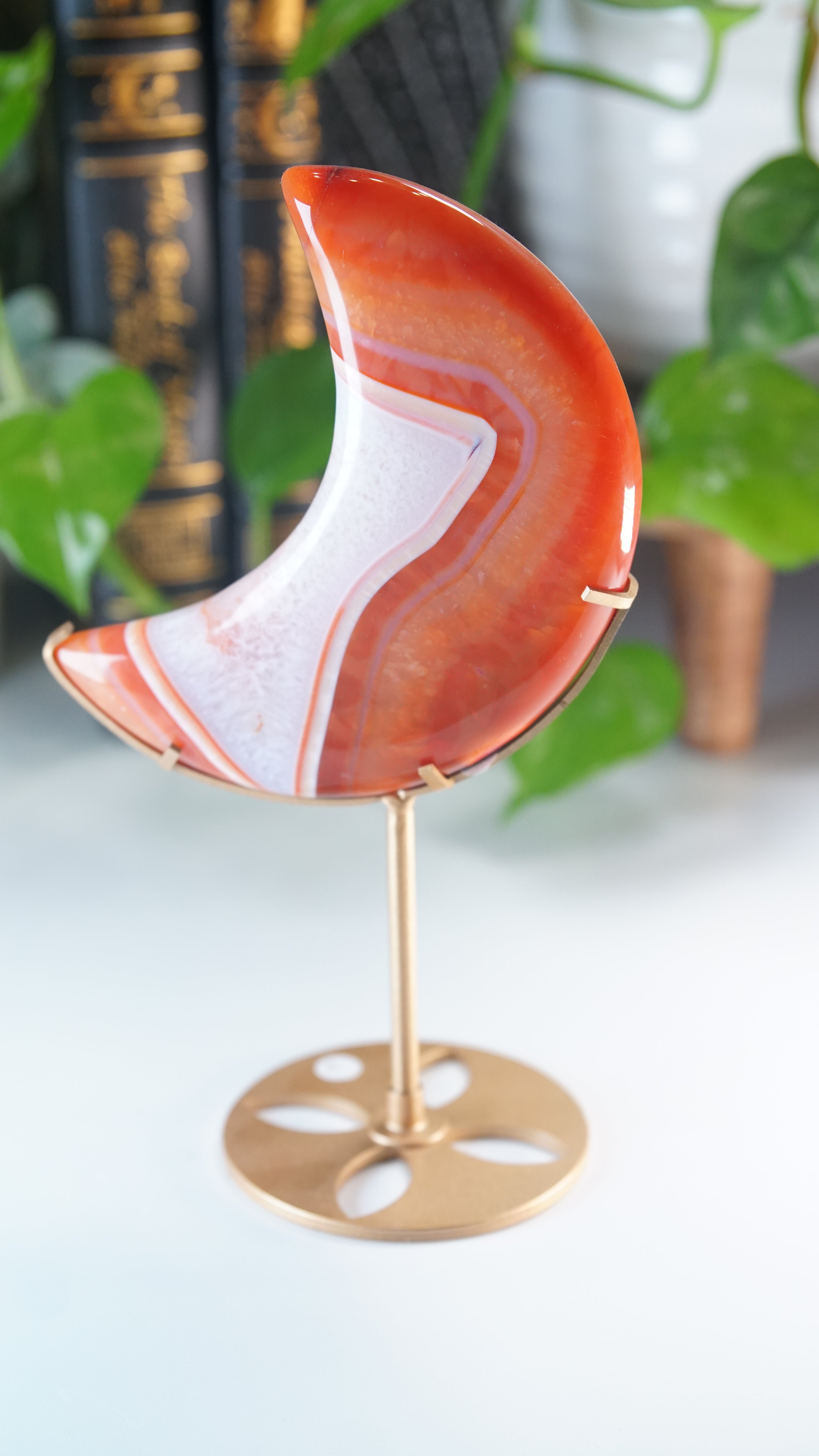 Carnelian Agate & Quartz Moon With Free Custom Stand
