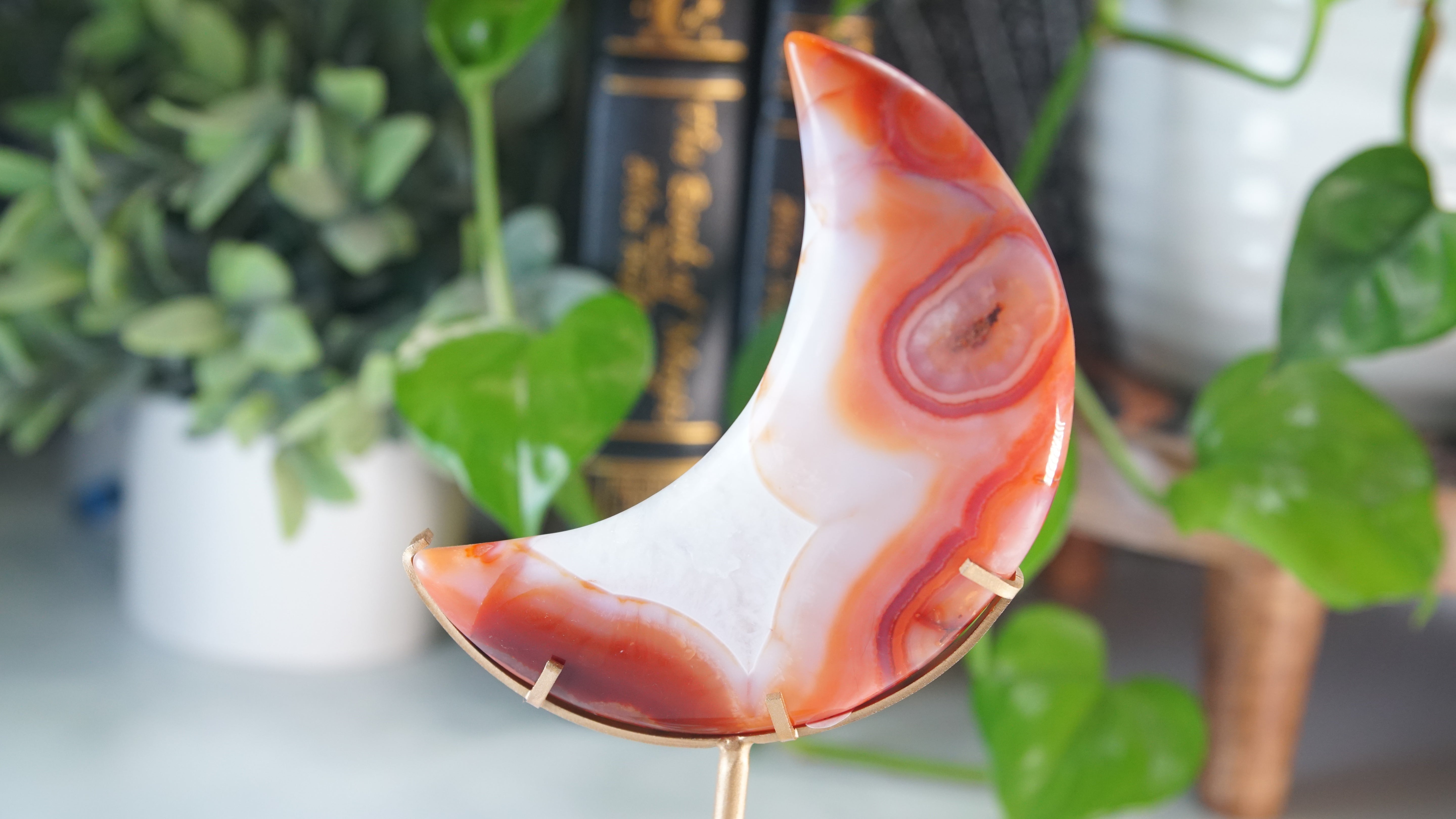 Carnelian Agate & Quartz Moon With Free Custom Stand