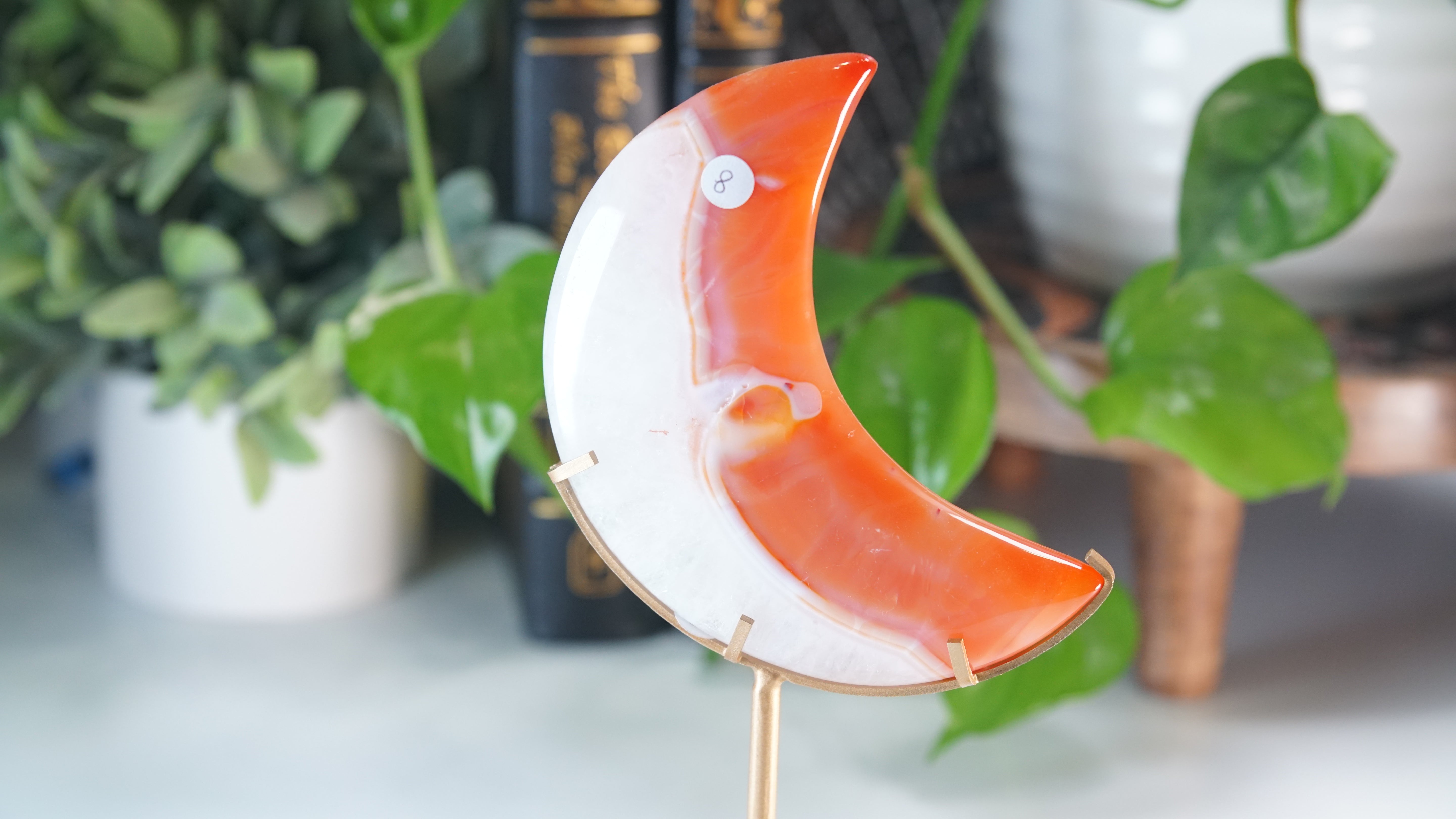 Carnelian Agate & Quartz Moon With Free Custom Stand
