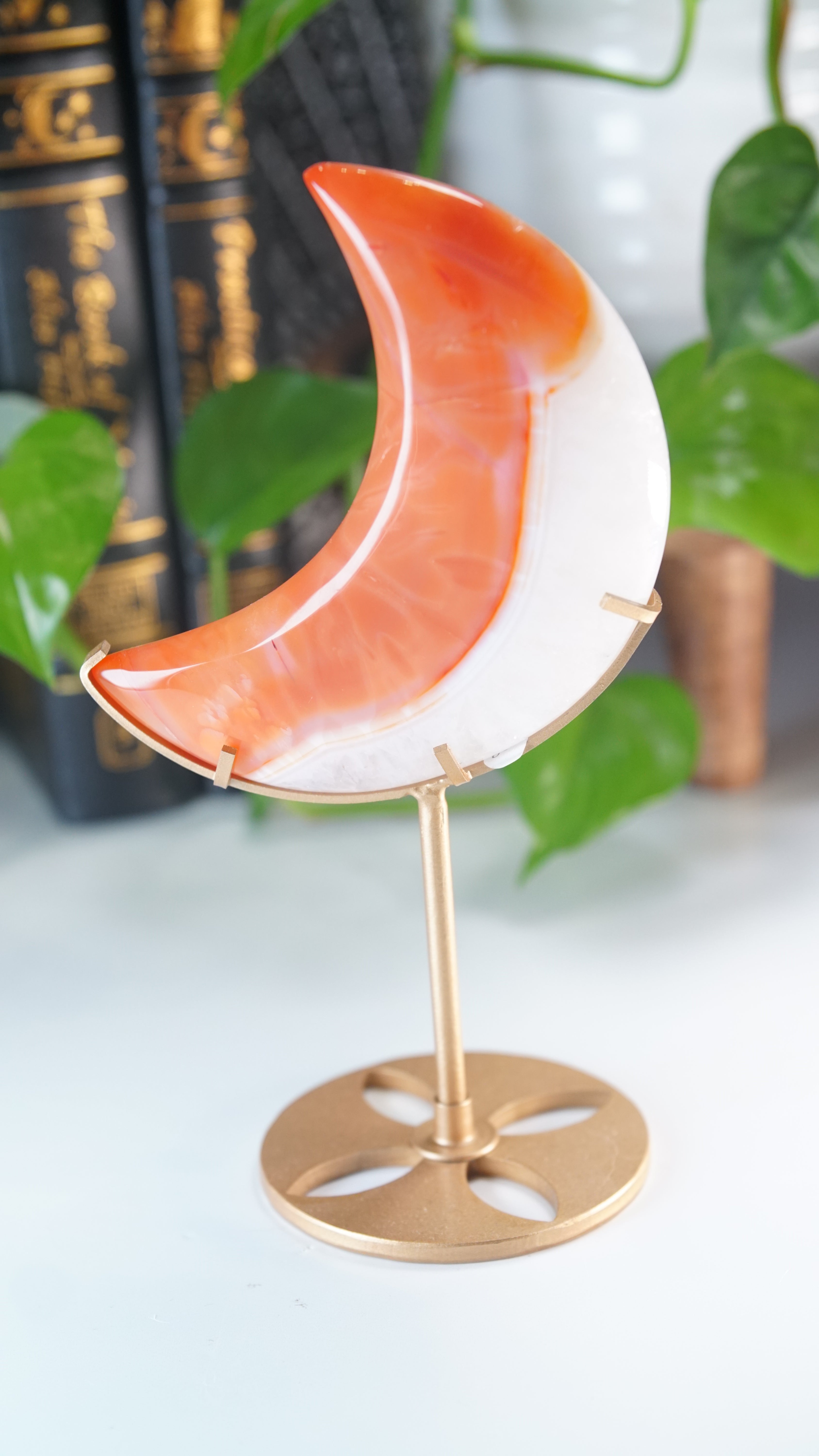 Carnelian Agate & Quartz Moon With Free Custom Stand