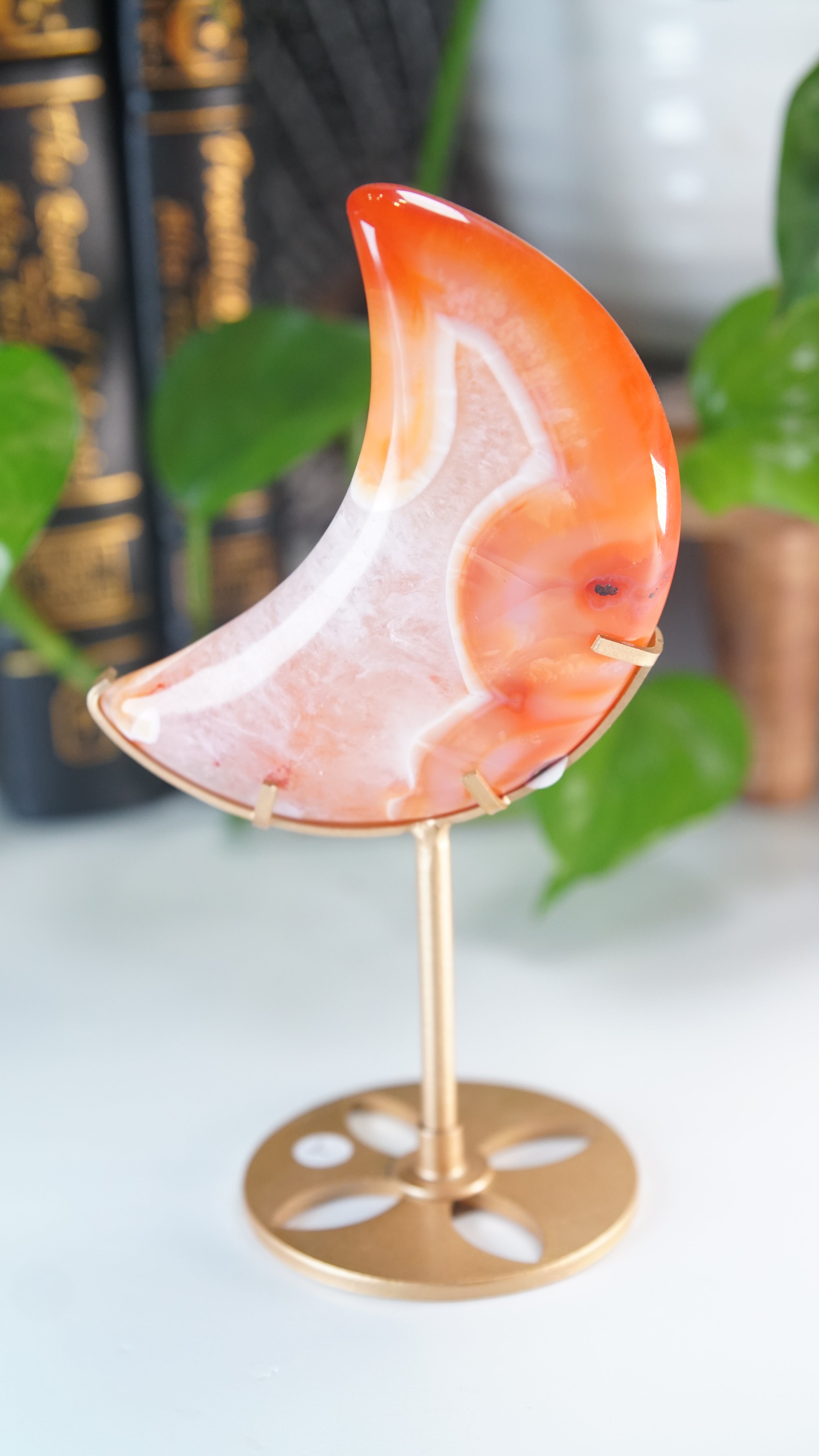 Carnelian Agate & Quartz Moon With Free Custom Stand