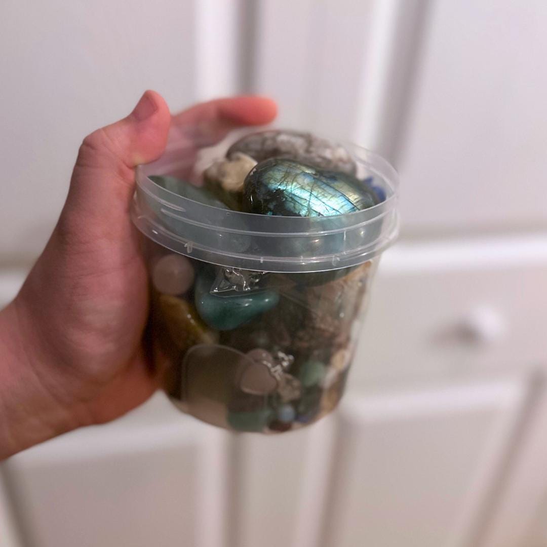 Mystery Crystal Lucky Scoop Jar of Tumbled Stones, Carvings, Towers, Spheres, Rocks, & Minerals Gift