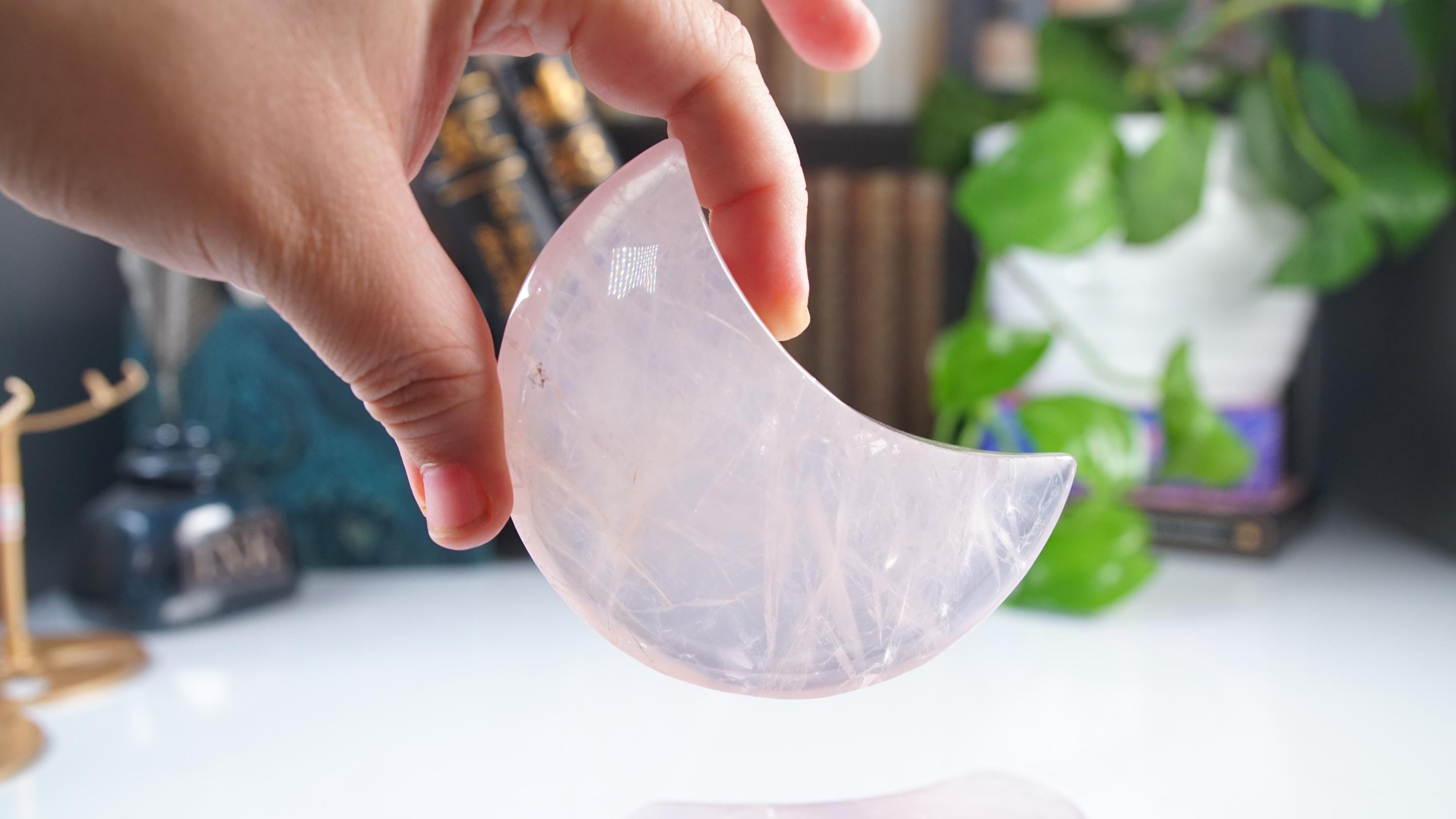 Periwinkle Lavender Rose Quartz Moon With Stand | High Quality Crystal | Rose Quartz | US Seller