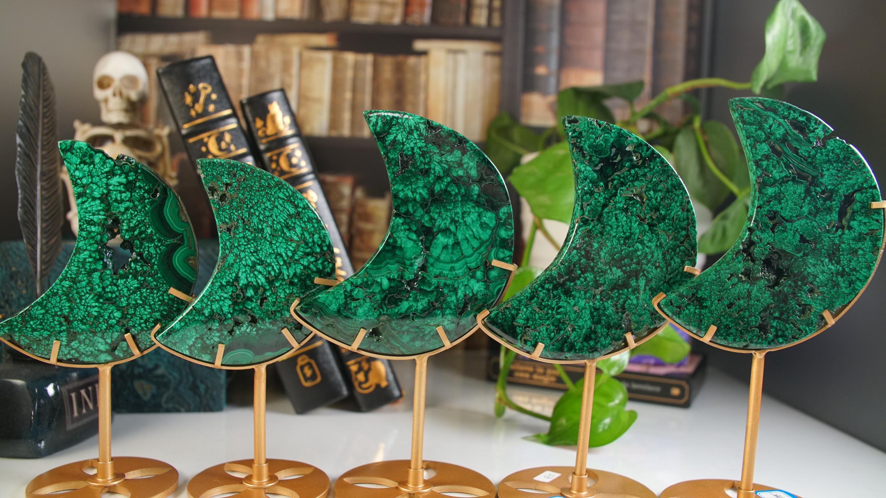 Green Malachite Moon With Stand | Carving | Protection Stress Anxiety Reiki | US Seller