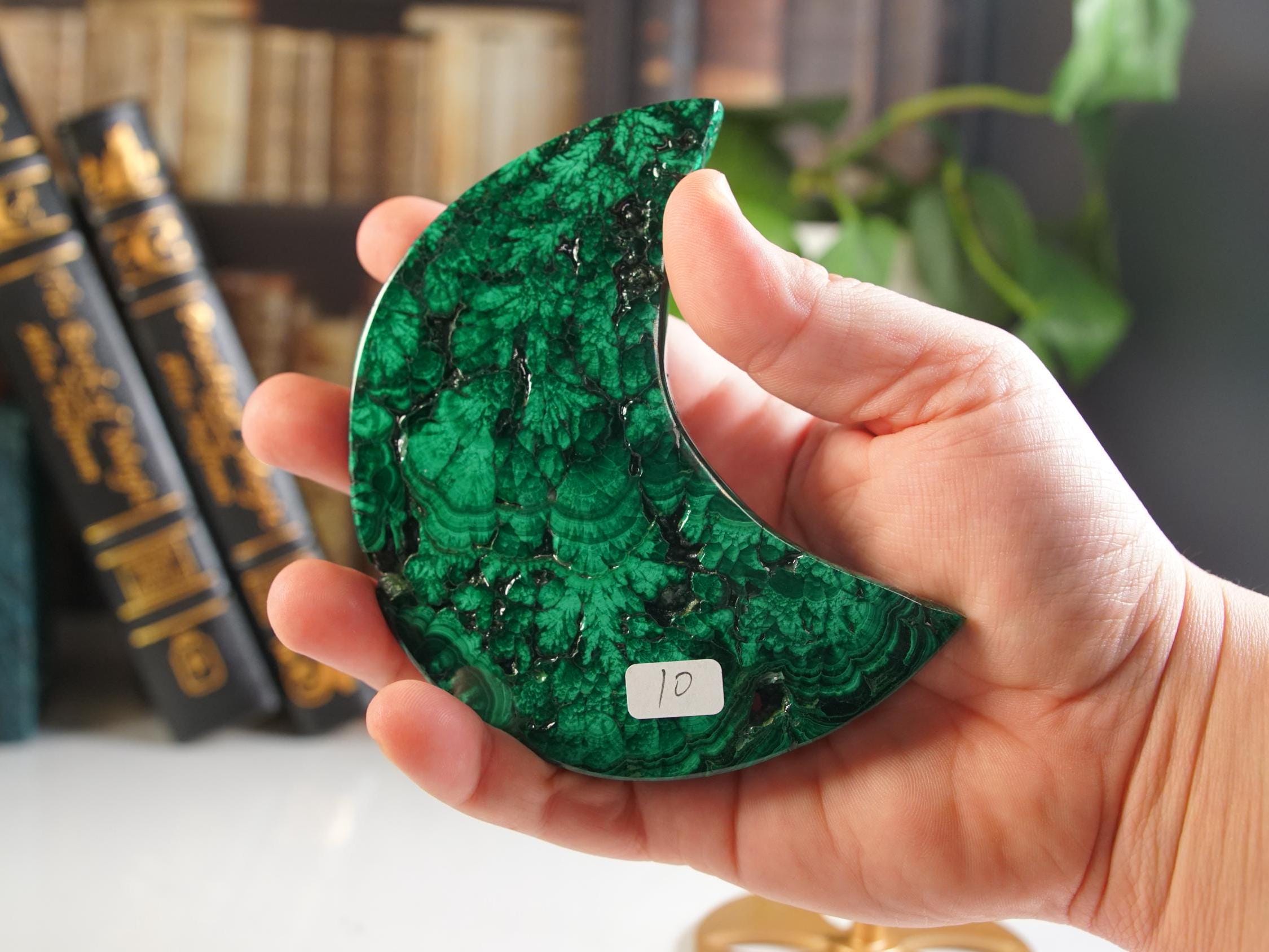 Green Malachite Moon With Stand | Carving | Protection Stress Anxiety Reiki | US Seller