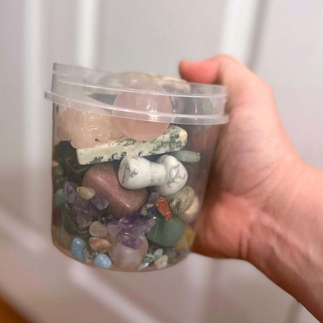 Mystery Crystal Lucky Scoop Jar of Tumbled Stones, Carvings, Towers, Spheres, Rocks, & Minerals Gift