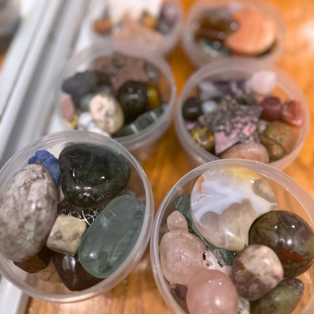 Mystery Crystal Lucky Scoop Jar of Tumbled Stones, Carvings, Towers, Spheres, Rocks, & Minerals Gift