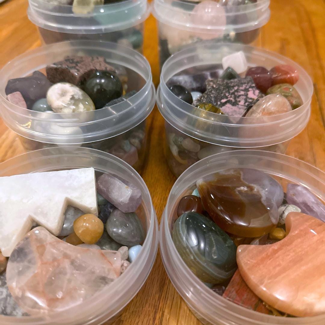 Mystery Crystal Lucky Scoop Jar of Tumbled Stones, Carvings, Towers, Spheres, Rocks, & Minerals Gift