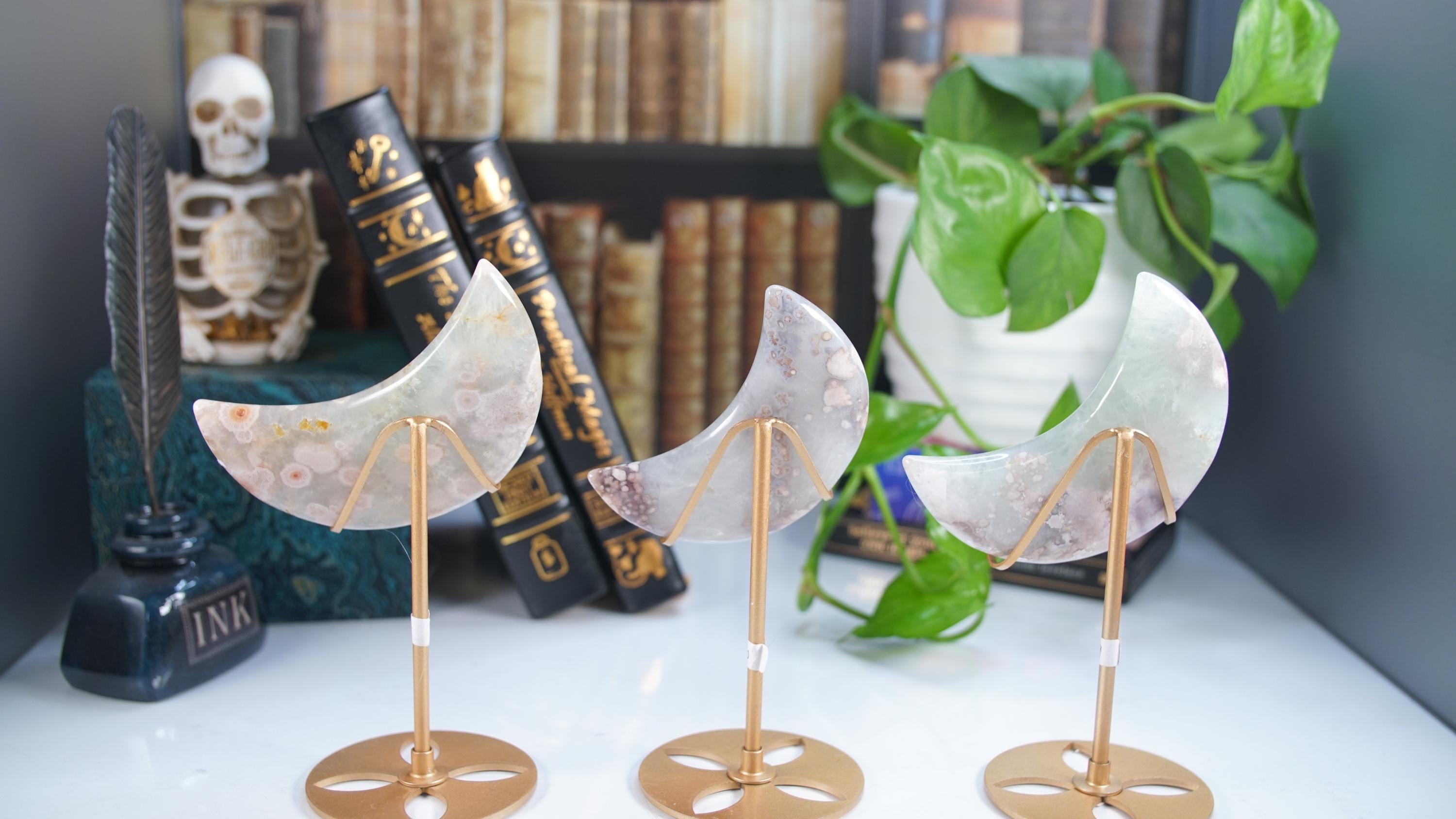 Green Quartz Flower Agate Moon With Stand | High Quality Crystal | Flower Agate | US Seller