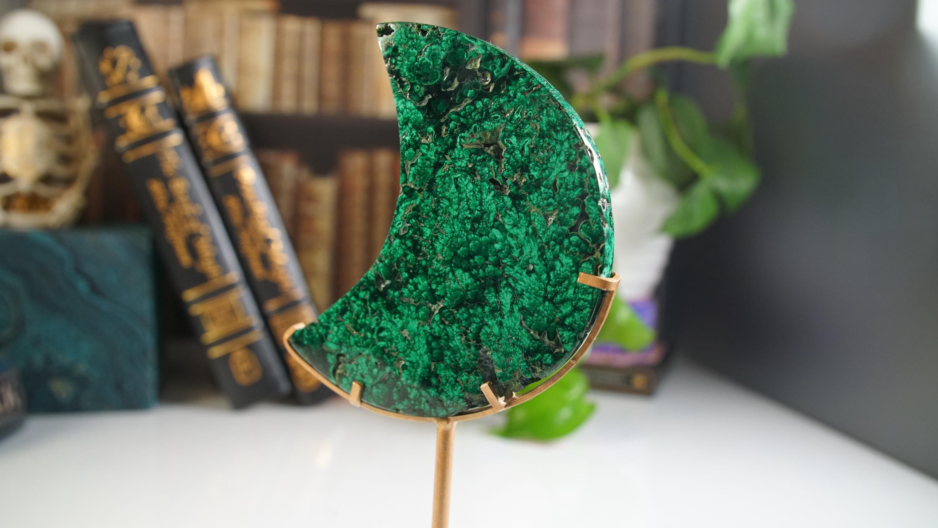 Green Malachite Moon With Stand | Carving | Protection Stress Anxiety Reiki | US Seller