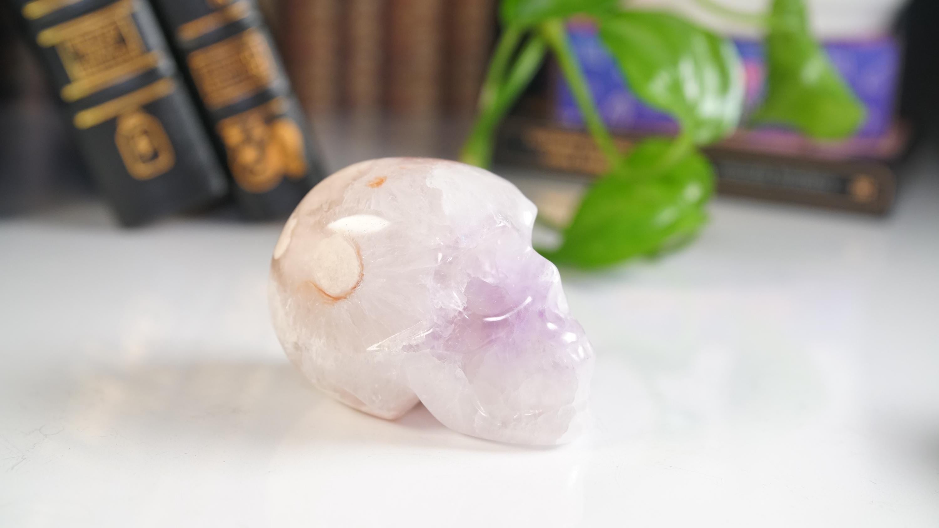 Pink Amethyst Flower Agate Skull Carving | Healing Quartz Crystal | US Seller