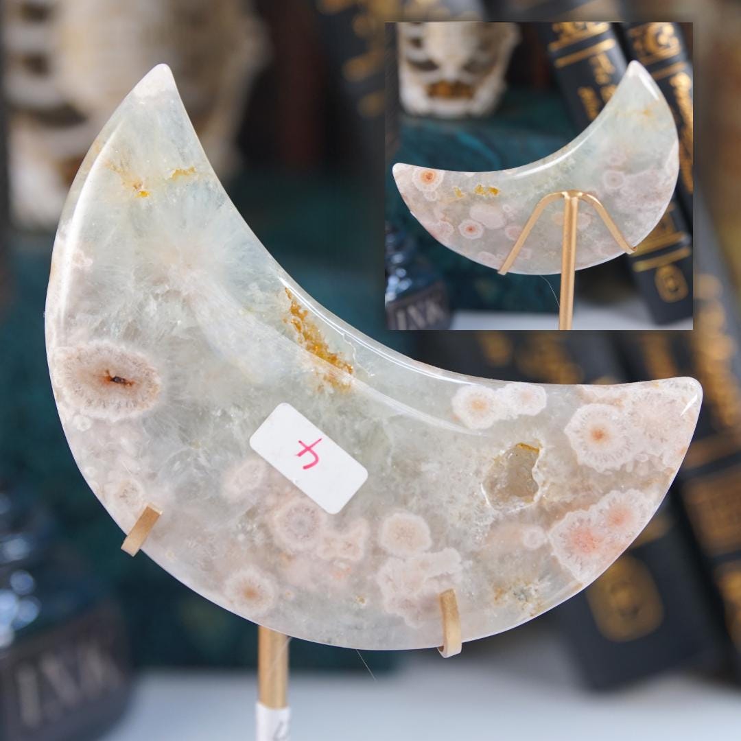 Green Quartz Flower Agate Moon With Stand | High Quality Crystal | Flower Agate | US Seller