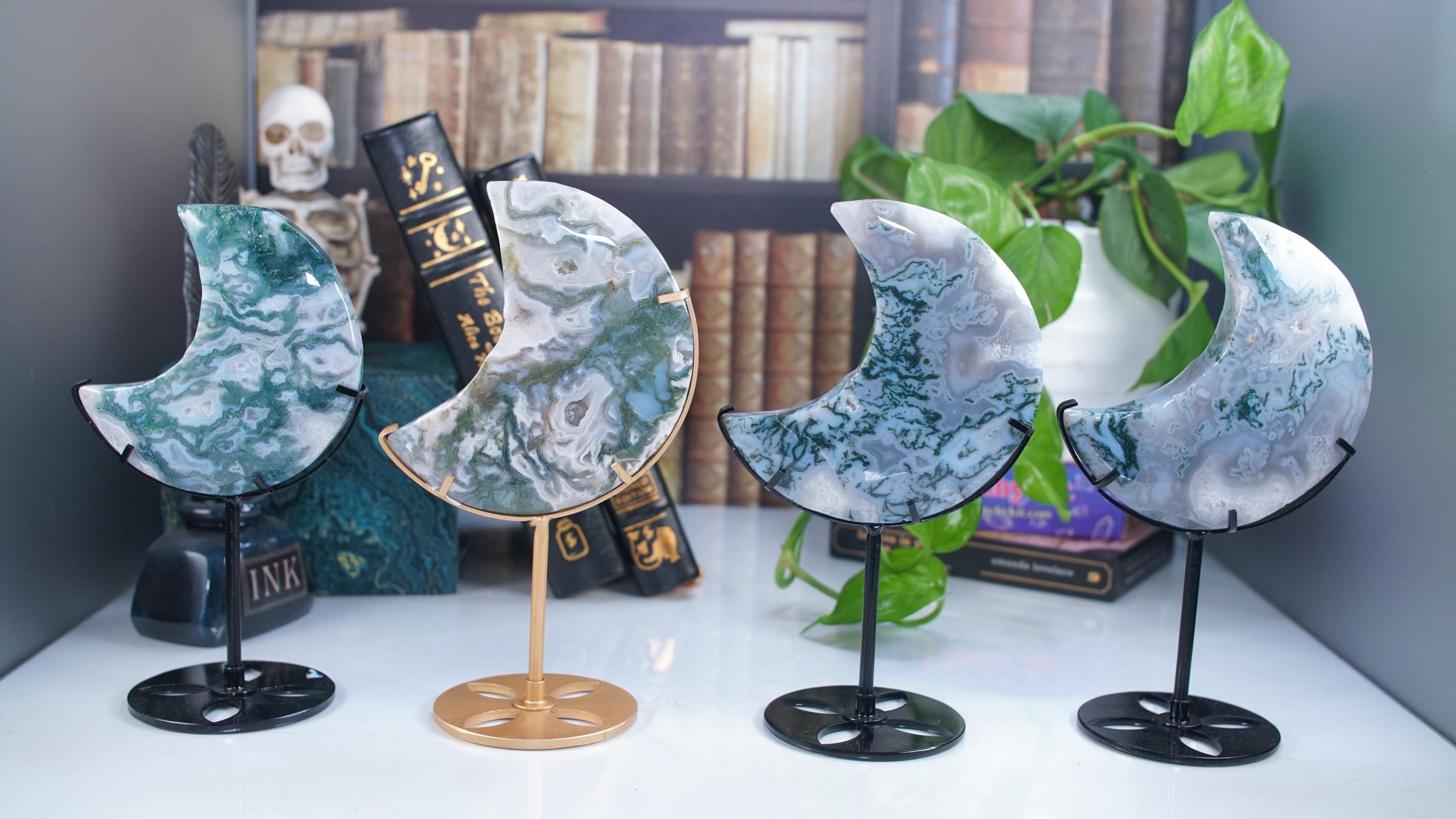 Moss Agate Moon With Stand | High Quality Crystal | Flower Agate | US Seller