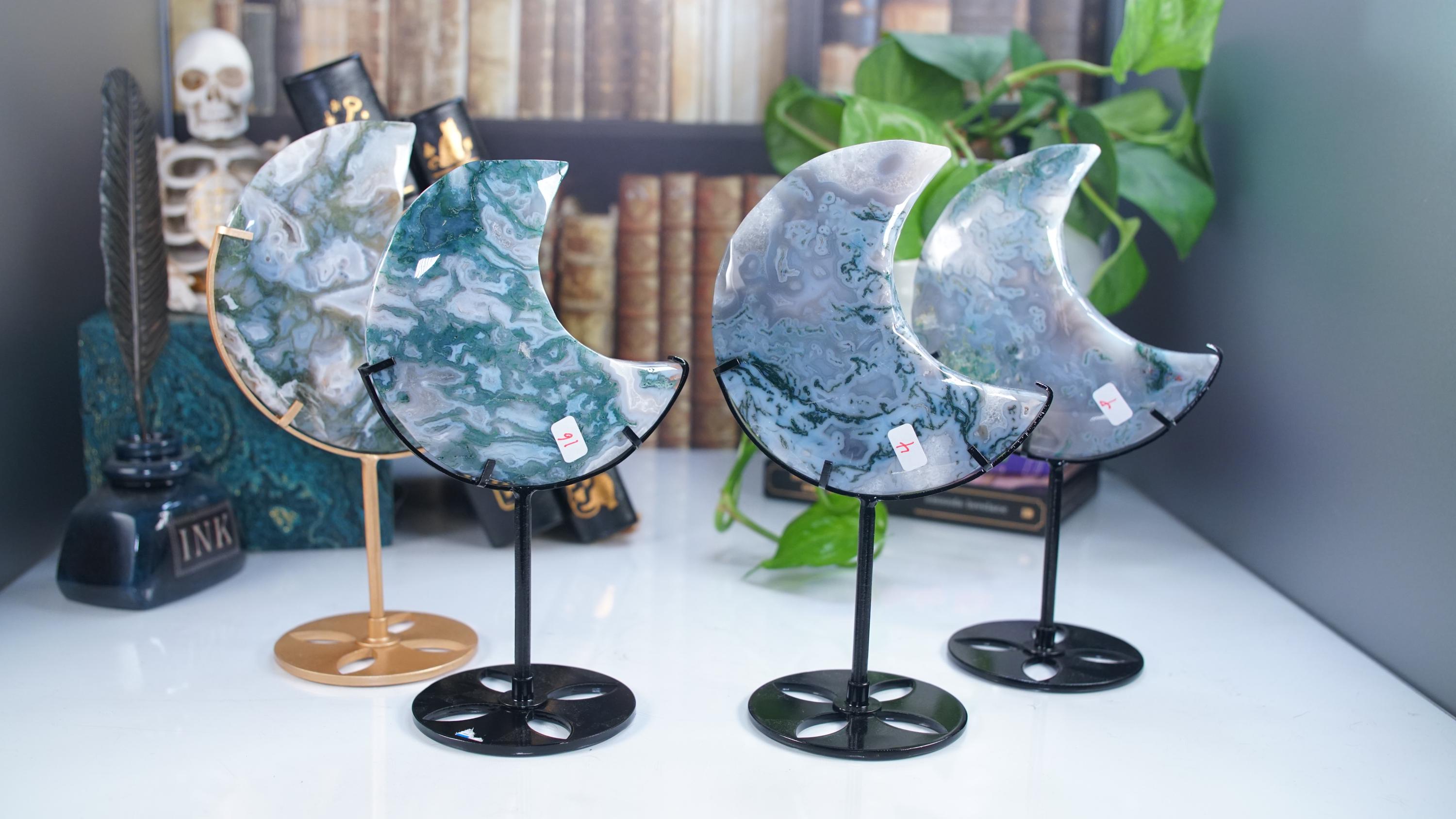 Moss Agate Moon With Stand | High Quality Crystal | Flower Agate | US Seller