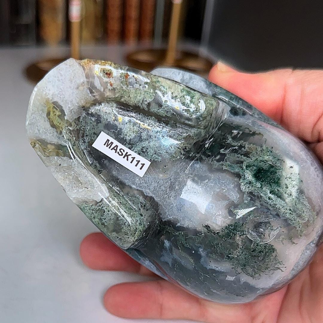 Moss Agate Skull Healing Crystal Druzy Moss Agate Carving Stone Statue Energy Goddess Body Energy Reiki Altar