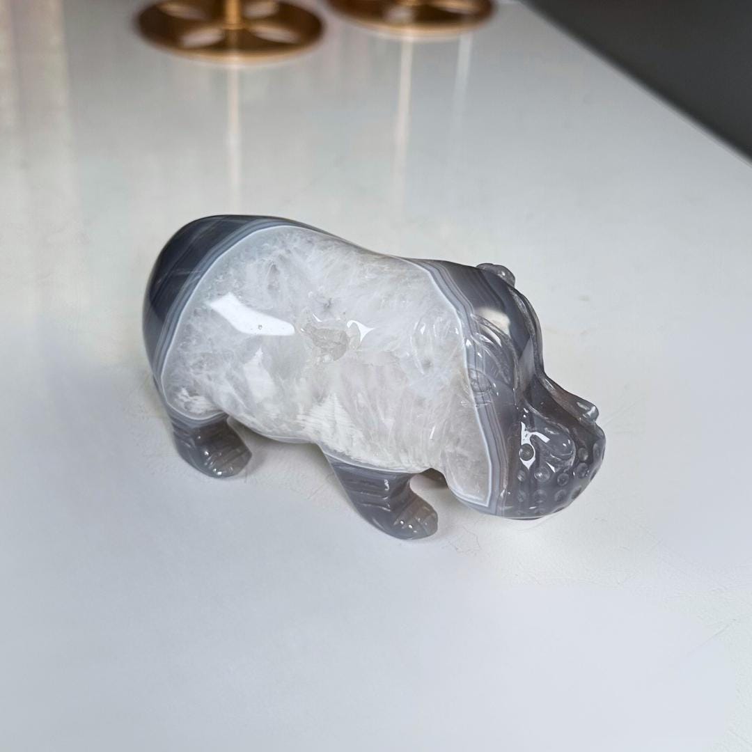 Druzy Agate Hippo Carving | US Seller | Home Decor Energy Healing Feng Shui Altar Reiki Office Gift