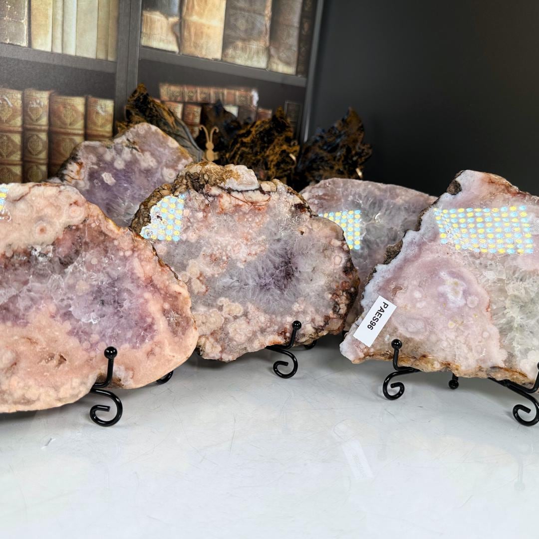 Pink Amethyst Druzy Flower Agate Cluster Slab with Stand Hematite Feminine Energy Protection Calm Grace Reiki Crystal Shop