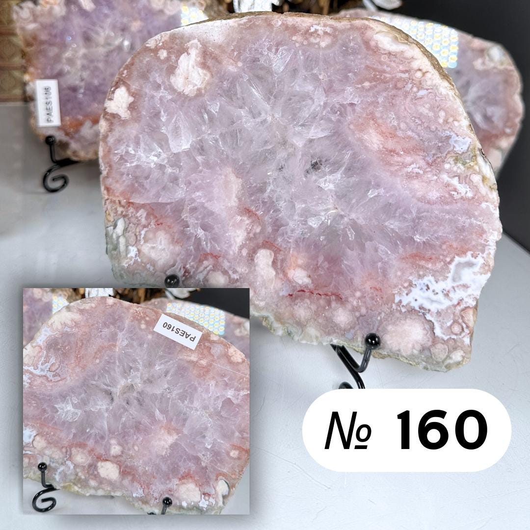 Pink Amethyst Druzy Flower Agate Cluster Slab with Stand Hematite Feminine Energy Protection Calm Grace Reiki Crystal Shop