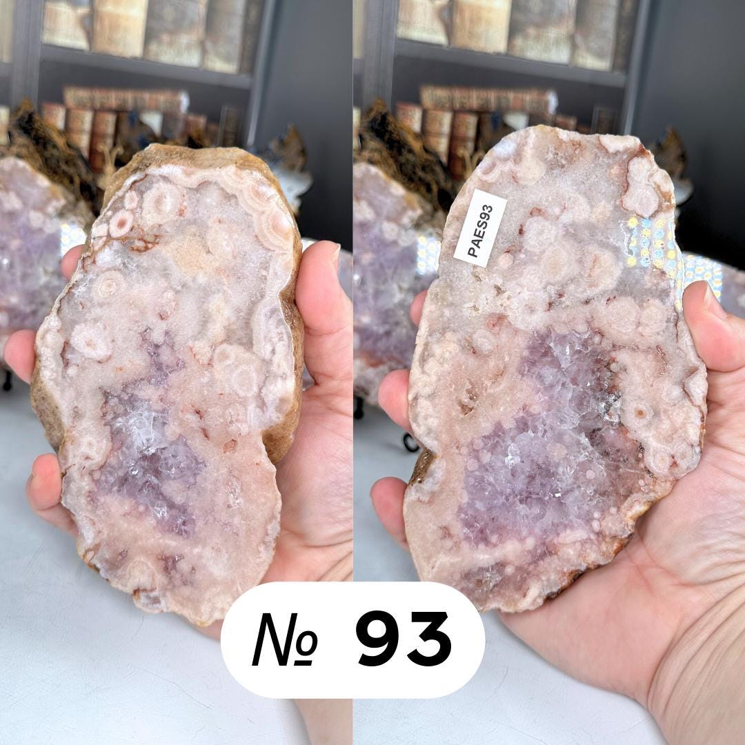 Pink Amethyst Druzy Flower Agate Cluster Slab with Stand Hematite Feminine Energy Protection Calm Grace Reiki Crystal Shop