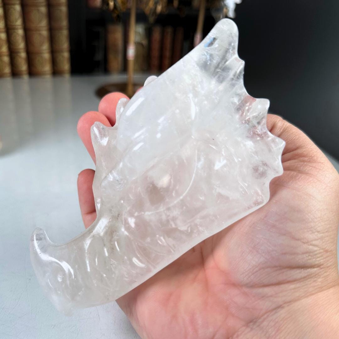 Clear Quartz Dragon Head | Healing Crystal Carving | Stone Statue Energy Goddess Body Energy Reiki Altar