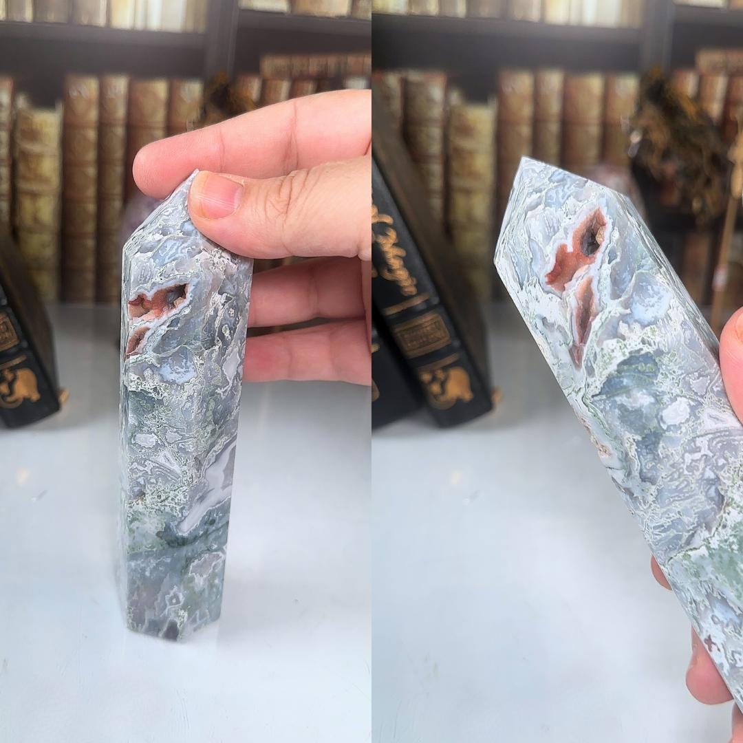 Large Pink Moss Agate Tower | US Seller | Crystal Gemstone Throat Chakra Energy Healing Altar Feng Shui