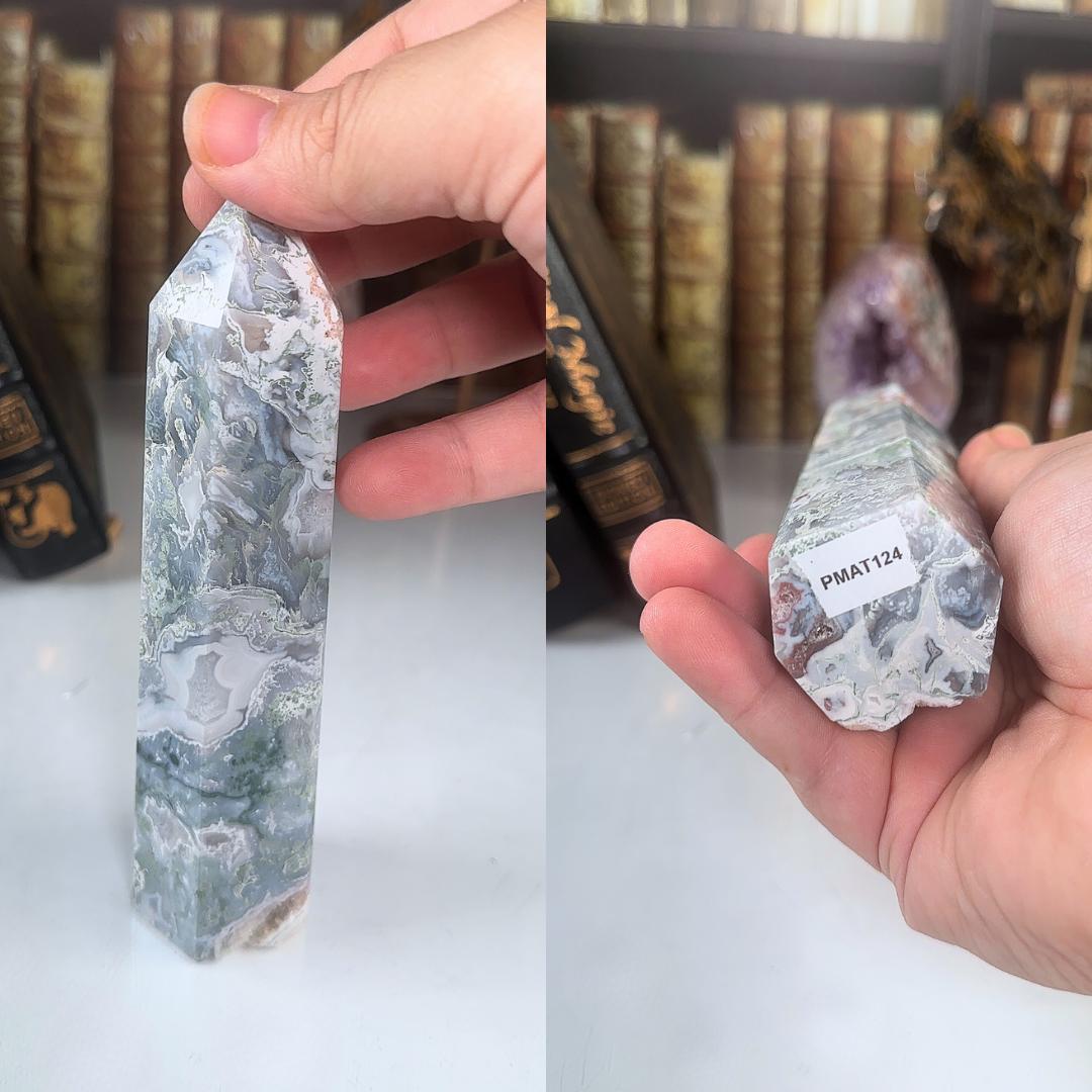 Large Pink Moss Agate Tower | US Seller | Crystal Gemstone Throat Chakra Energy Healing Altar Feng Shui