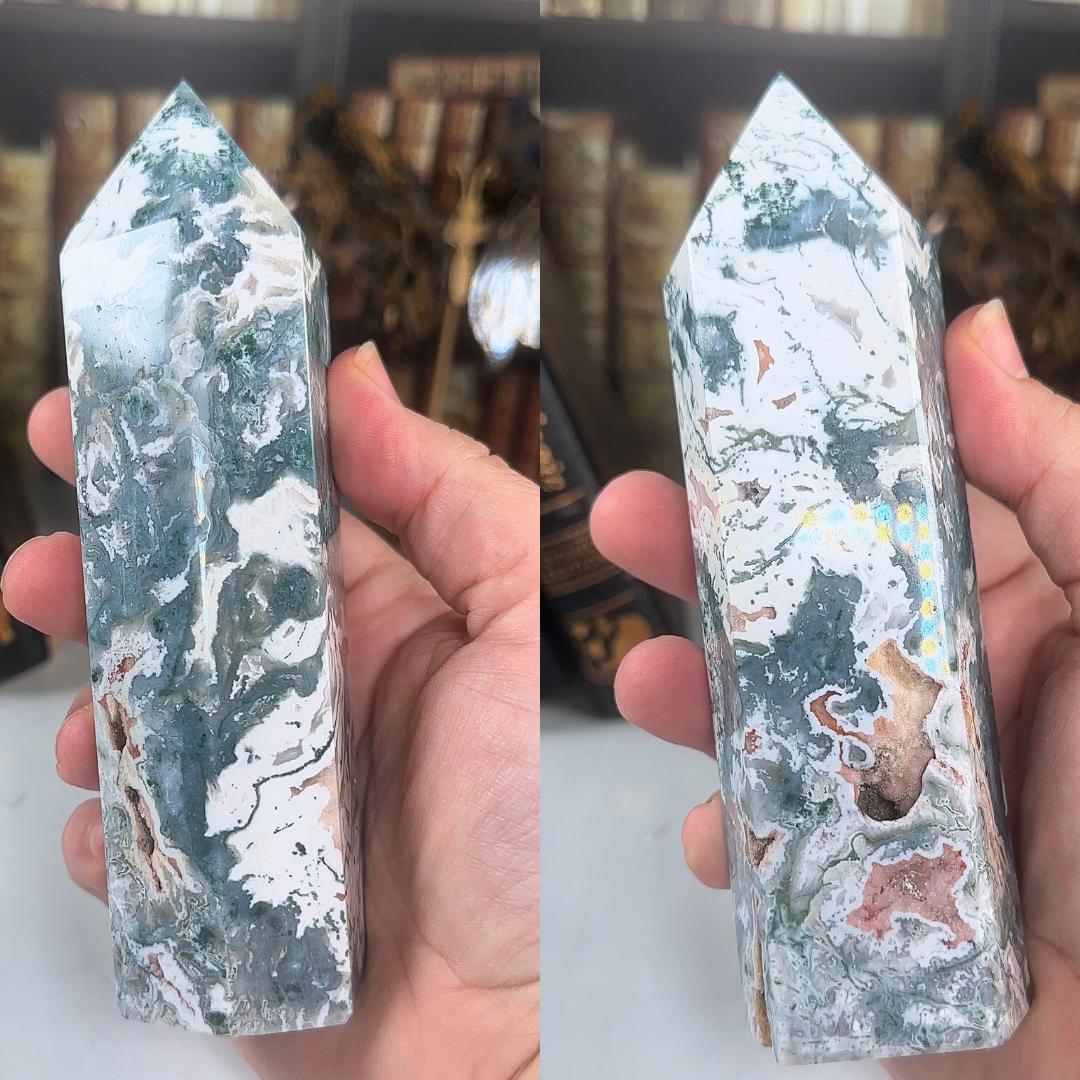 Large Pink Moss Agate Tower | US Seller | Crystal Gemstone Throat Chakra Energy Healing Altar Feng Shui