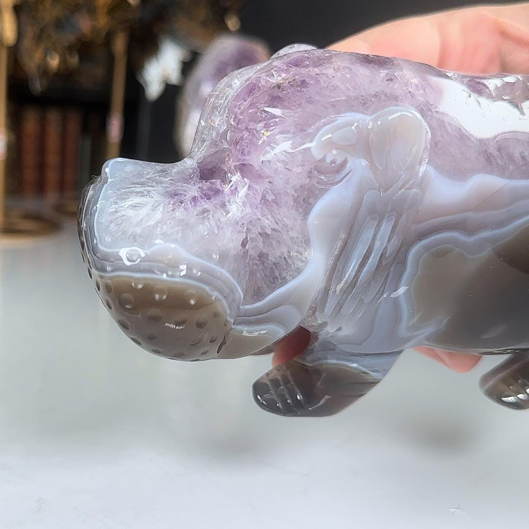Druzy Amethyst Agate Hippo Carving | US Seller | Home Decor Energy Healing Feng Shui Altar Reiki Office Gift