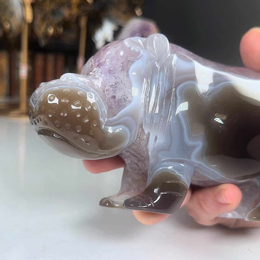 Druzy Amethyst Agate Hippo Carving | US Seller | Home Decor Energy Healing Feng Shui Altar Reiki Office Gift