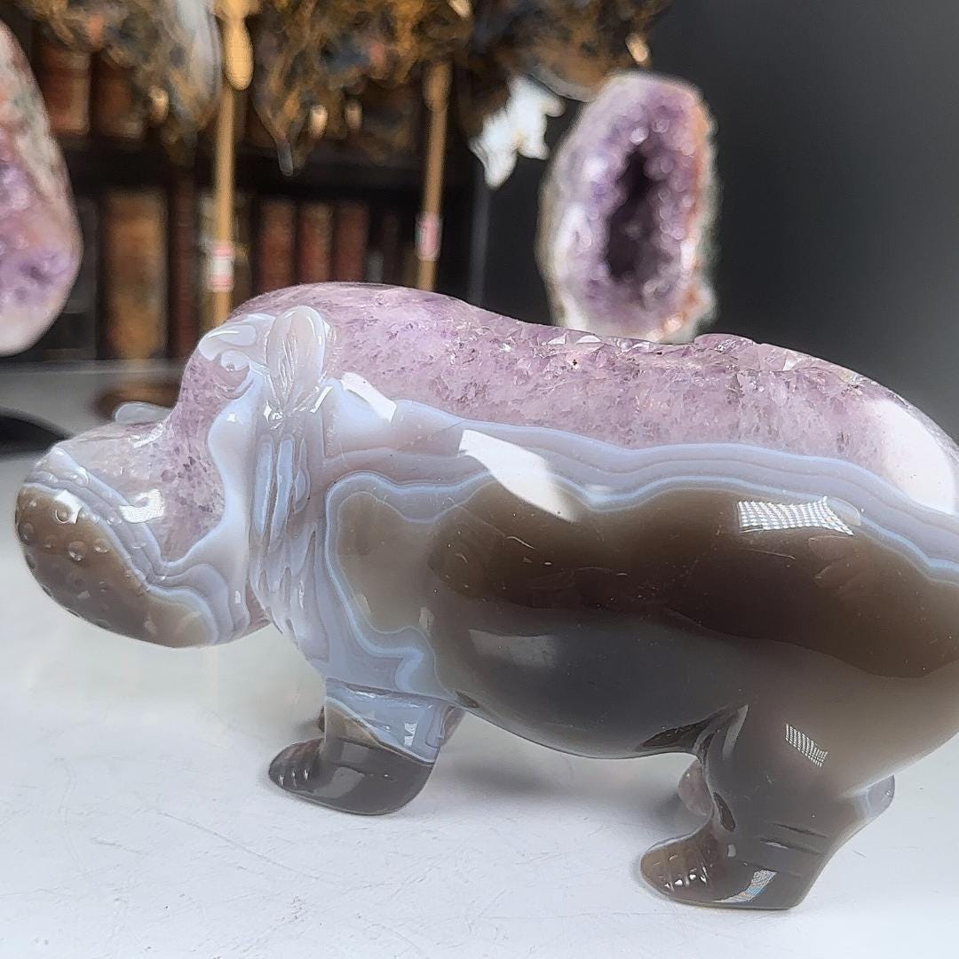 Druzy Amethyst Agate Hippo Carving | US Seller | Home Decor Energy Healing Feng Shui Altar Reiki Office Gift