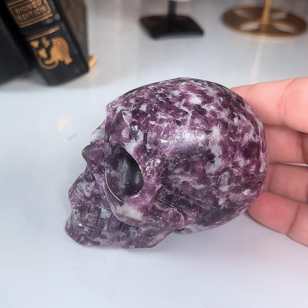 Flashy Lepidolite Skull Crystal Realistic Stone Sculpture Altar Reiki Energy Healing Stress