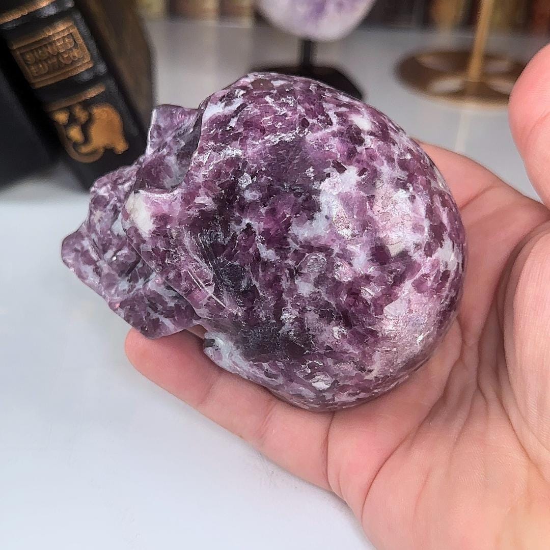 Flashy Lepidolite Skull Crystal Realistic Stone Sculpture Altar Reiki Energy Healing Stress